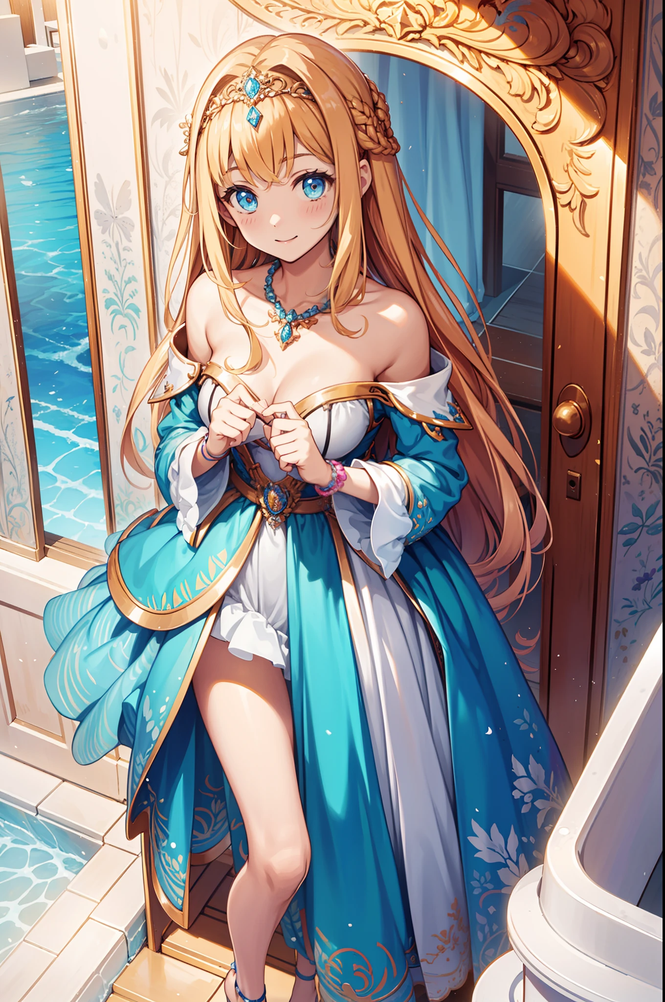 s girl,Enchanted,having fun,Being in love,Princess dress,swim wears,inside in room,solo person,blond hairbl,