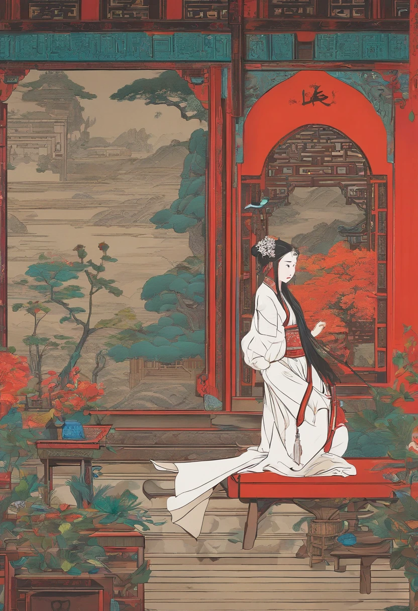 Chinese beauty of the Song Dynasty，In front of her was a table，There is a cat under the table。There was a stack of books on the table，pen, ink and paper，Computer：1.2，high-class，big window，lots of plants，There is a moon at night