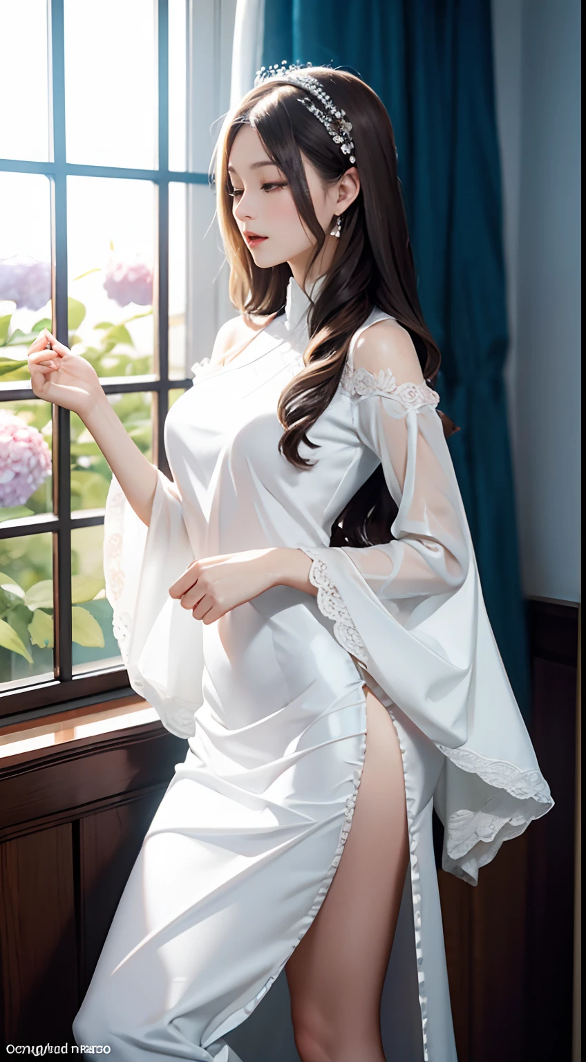 (tmasterpiece,high qulity,High realism),(Delicate figure:1.5),The face is delicate,(White skin of the:1.3),exquisitedetails,Delicate light,1 elegant woman,独奏,((Red dress)), florals, longer sleeves, Raise Hand, black in color|brown hair,largeeyes, Hanfu, Embroidery, natural poses, Hairpins, boudoir,hydrangea,depth of fields,(filmgrain:1.1),(lens flare glow),(Color:1.5)
