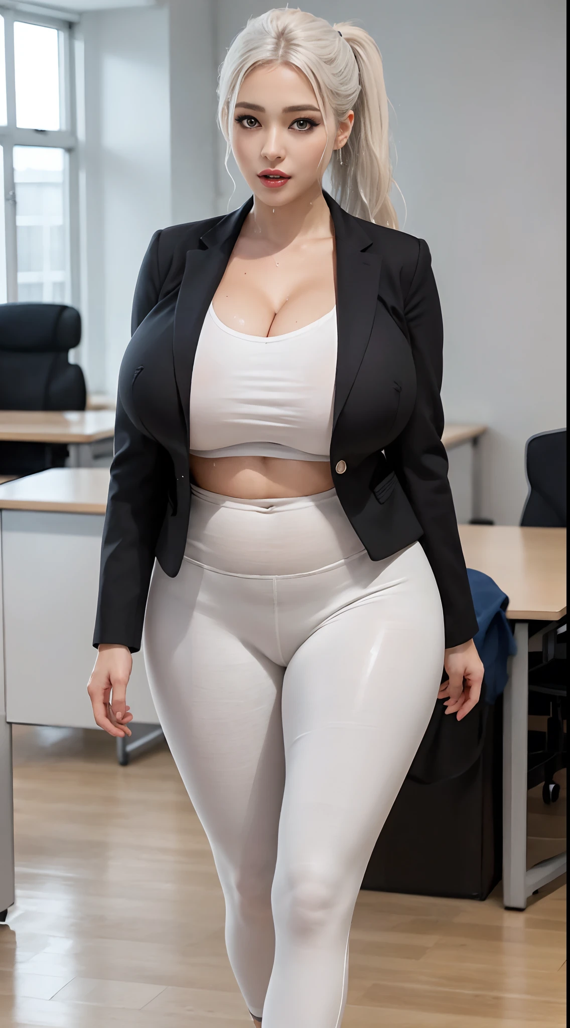 a Mature Woman, solo, (huge fake breasts:1.5), (Voluptuous Mature Woman:1.6), (muscle abs:1.2), (expression of lust:1.5), (white hair:1.5), (wavy ponytail hair:1.4), looking at viewer, (wet sweaty body:1.5), (Highly detailed face:1.2), cleavage, V-neck, ((colorless:1.6)), ((Business jacket:1.4)), (skintight yoga pants:1.5), (Beautifull makeup:1.5), (walking:1.75), (running sneakers:1.4), Best quality at best, (office room:1.5), diffuselighting, depth of fields, Background bokeh, photorealistic, UHD, (anatomically correct:1.5), high details, high quality, best quality, highres, 16k, HD.