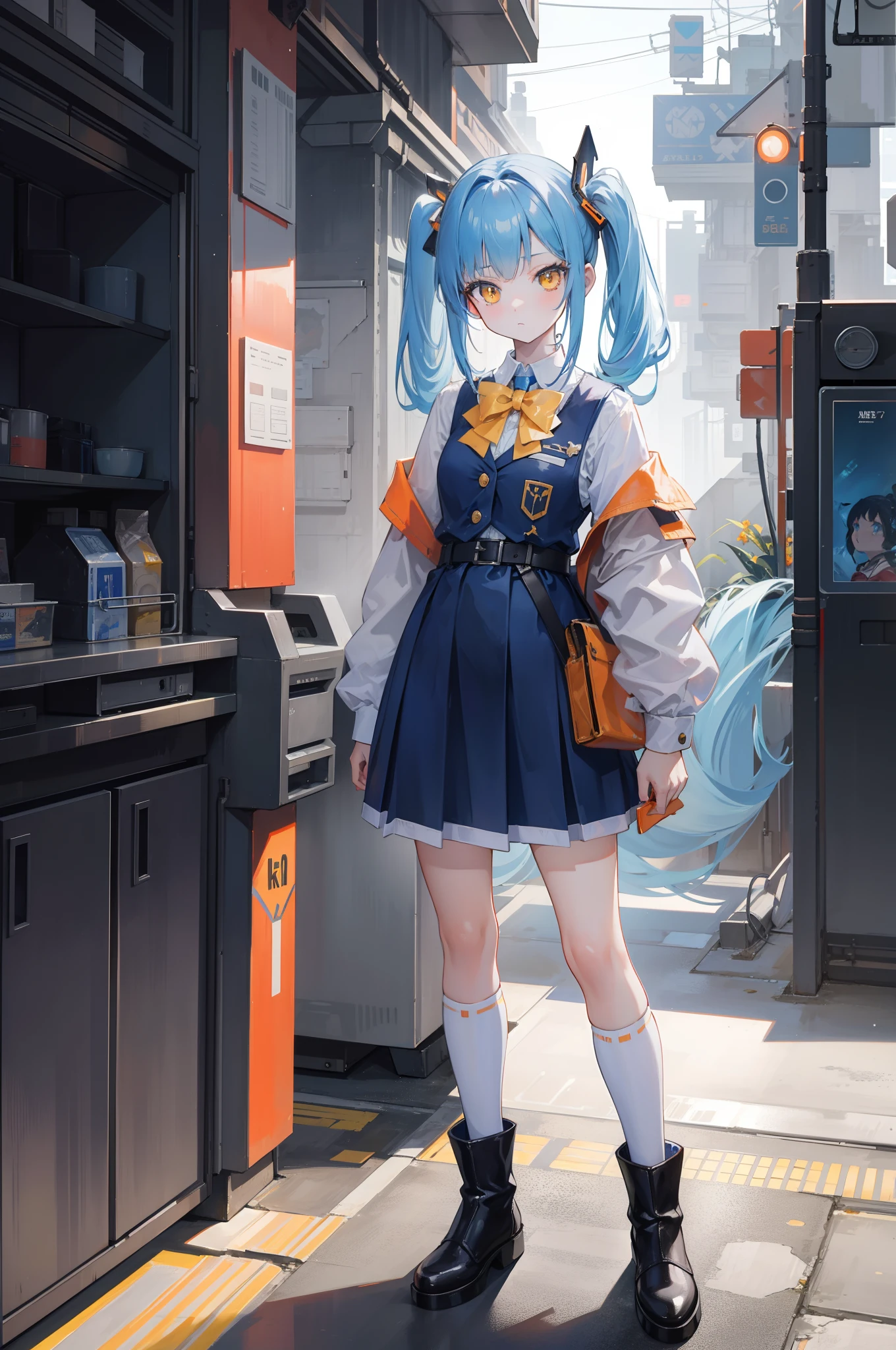 masterpiece,8K,超A high resolution,Detailed description,Smooth depiction,Accurate rendering,thirds rule,Light blue twin tails,Yellow eyes,Whitening skin,-yeld Wern-style beautiful girl in anime style,Wearing a cyberpunk-style orange waistcoat and uniform,Metallic boots,Overhead scenery,Full body depiction,Splash Art Style,