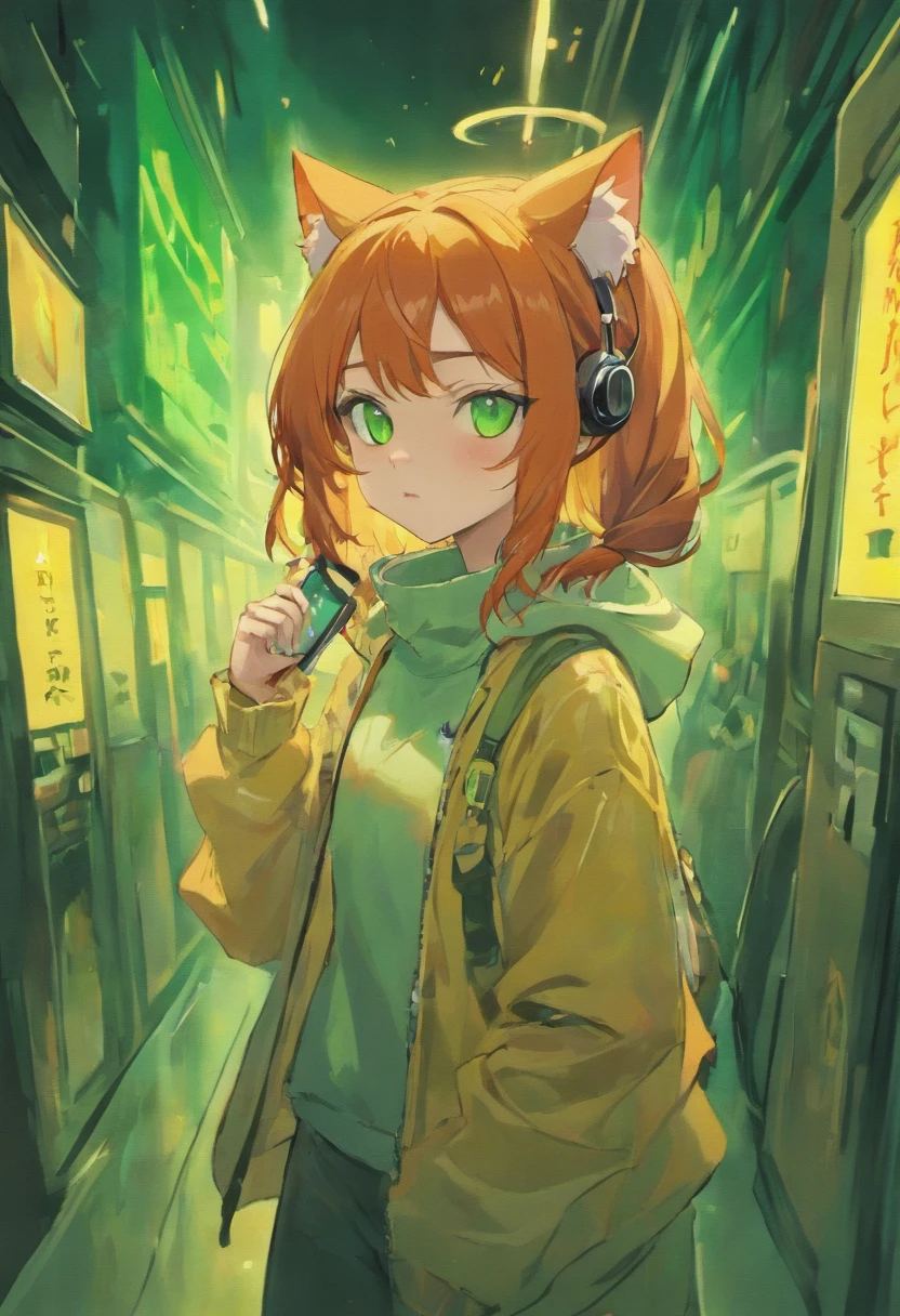 Cat lady,redheadwear,Green eyes,quadratic element,Earphone,No hats,a cat tail