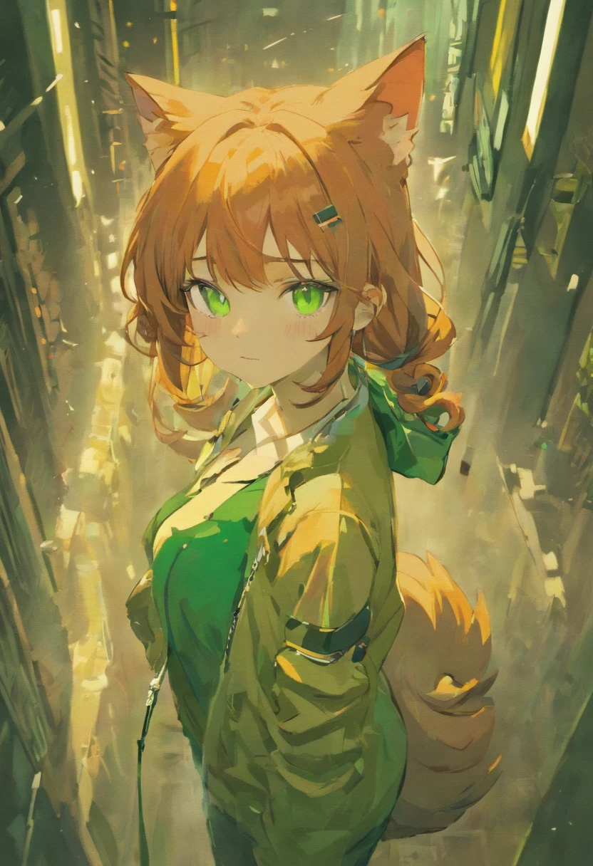 Cat lady,redheadwear,Green eyes,quadratic element,Earphone,No hats,a cat tail