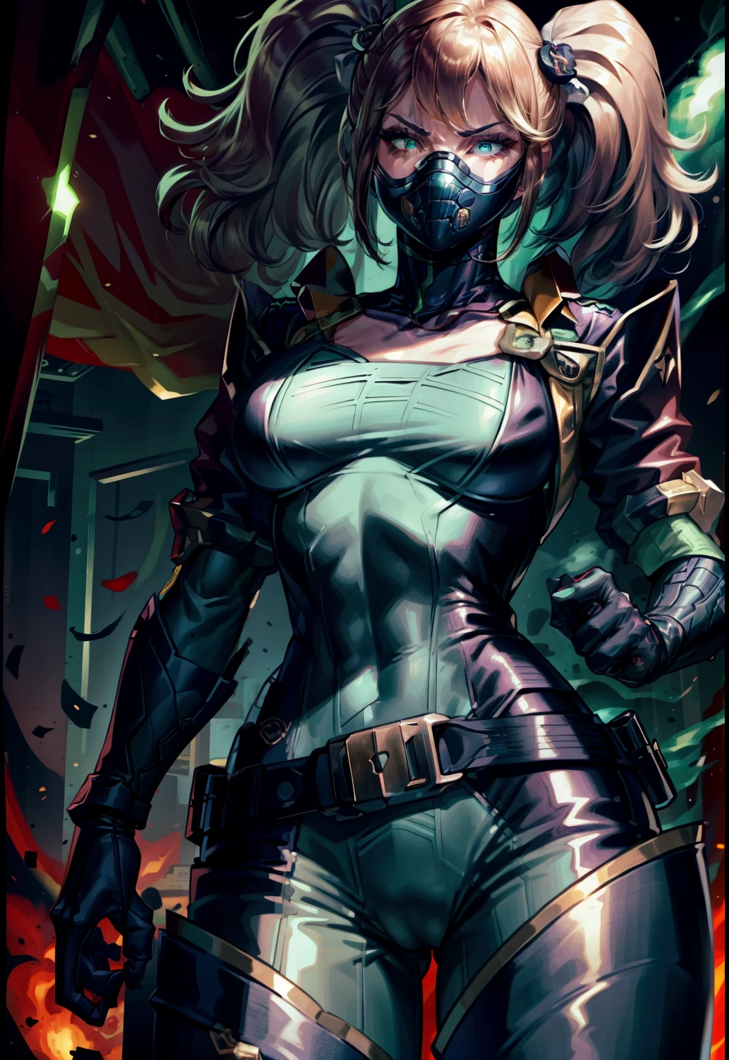 Masterpiece, Best quality,Look at the woman from below ,blond, 《Fearless viper》, tightsuit, mitts, belt, thigh boots, respirator, view the viewer, face, Portrait, Close-up, Red-faced,Glowing eyes, green smoke, Black background,huge tit,Raised chest,Close-up of chest,oversized boobs,chest focus,Woman in a swimsuit,angry look,Extremely erotic figure,Staring angrily at the screen,Facing the screen,High-gloss dark style