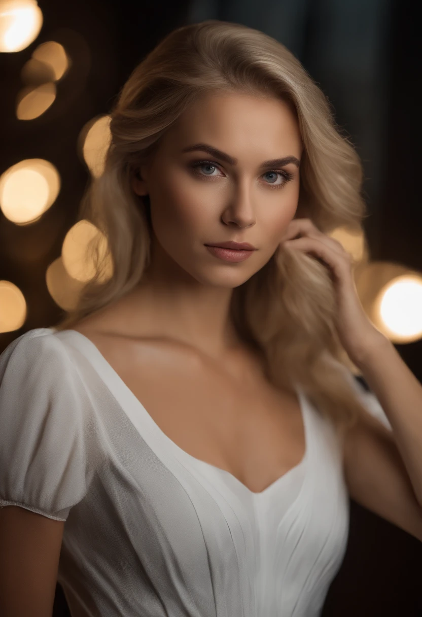 Front bodyshot of 25yo European woman, pointing at camera, blonde hair, serious, (amazing skin detail: 1.4), (natural skin: 1.2), (pores: 0.6), makeup, (detailed eyes: 1.2), black background, studio, light border, dark atmosphere, (bokeh: 1.2), photography, cinematic, photorealistic, ultrarealistic, fit girl, skintight dress, perfect figure, in a mall