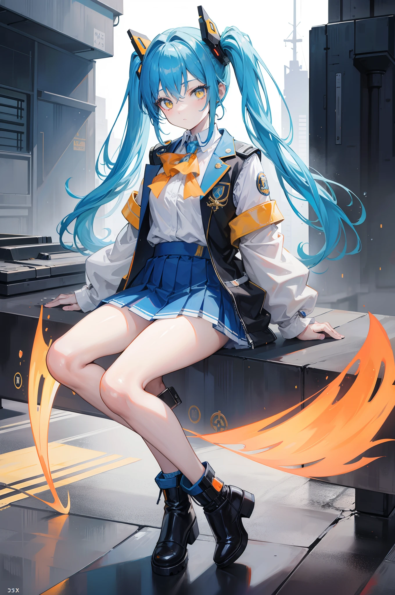 ​masterpiece，8K，超A high resolution，Detailed description，Smooth depiction，Accurate rendering，thirds rule，Light blue twin tails，Yellow eyes，Whitening skin，-yeld Wern-style beautiful girl in anime style，Wearing a cyberpunk-style orange waistcoat and uniform，Metallic boots，Overhead scenery，Full body depiction，Splash Art Style，