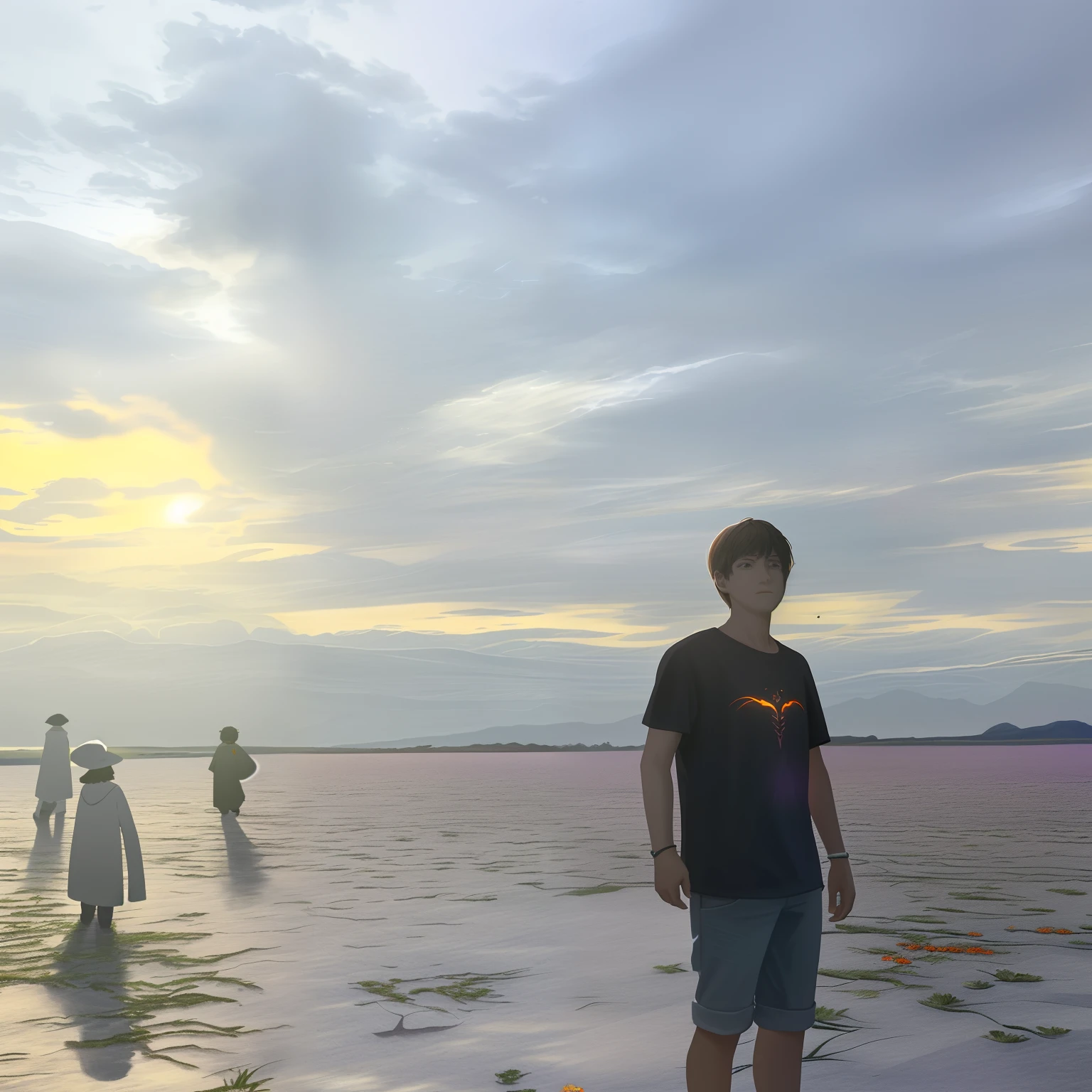 Expansive landscape photograph,(look from down,Above is the sky,Below are open fields),A boy stood on a flower field and looked up,(moon full:1.2),(meteors:0.9),(Starcloud:1.3),Far Mountain, Tree BREAK making art,(Warm light source:1.2),(glowworm:1.2),lamp lights,Lots of purple and orange,Complicated details,Volumetric lighting BREAK(tmasterpiece:1.2),(best qualtiy),4K,ultra - detailed,(dynamic compositions:1.4),detail-rich,plethora of colors,(Irridescent color:1.2),(with light glowing,Atmospheric lighting),dream magical,magical,(独奏:1.