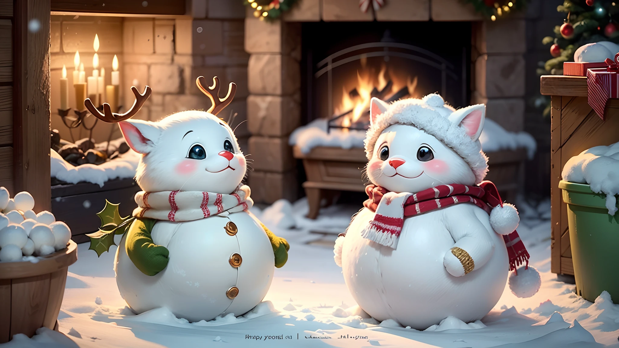 (Masterpiece, high resolution, cartoon style: 1.4), (Merry Christmas: 1.2), cheerful atmosphere, footprints on the snow, cute children playing, snowball fights, snowmen, carnival-like atmosphere, ice and snow scenery, white snowflakes adorn the whole sky, exquisite Christmas trees, colorful decorations and sparkling lights, red, green and gold gift boxes, Christmas socks hanging on the fireplace, candy canes, warm family gatherings, traditional Santa Claus and his reindeer, happy smiles, winter magic, extreme close-ups, warm and harmonious cartoon style, present a perfect Christmas. Art --auto --s2