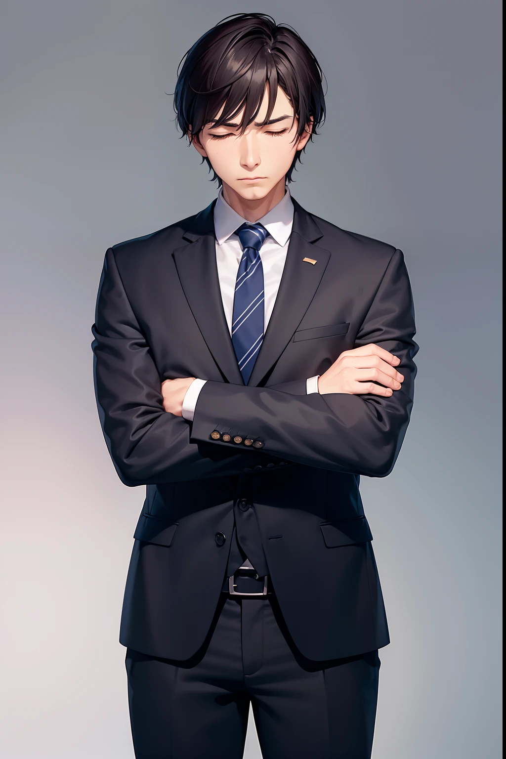 To a man in a suit with his arms crossed and his eyes closed、Male manager pleading with his hands together