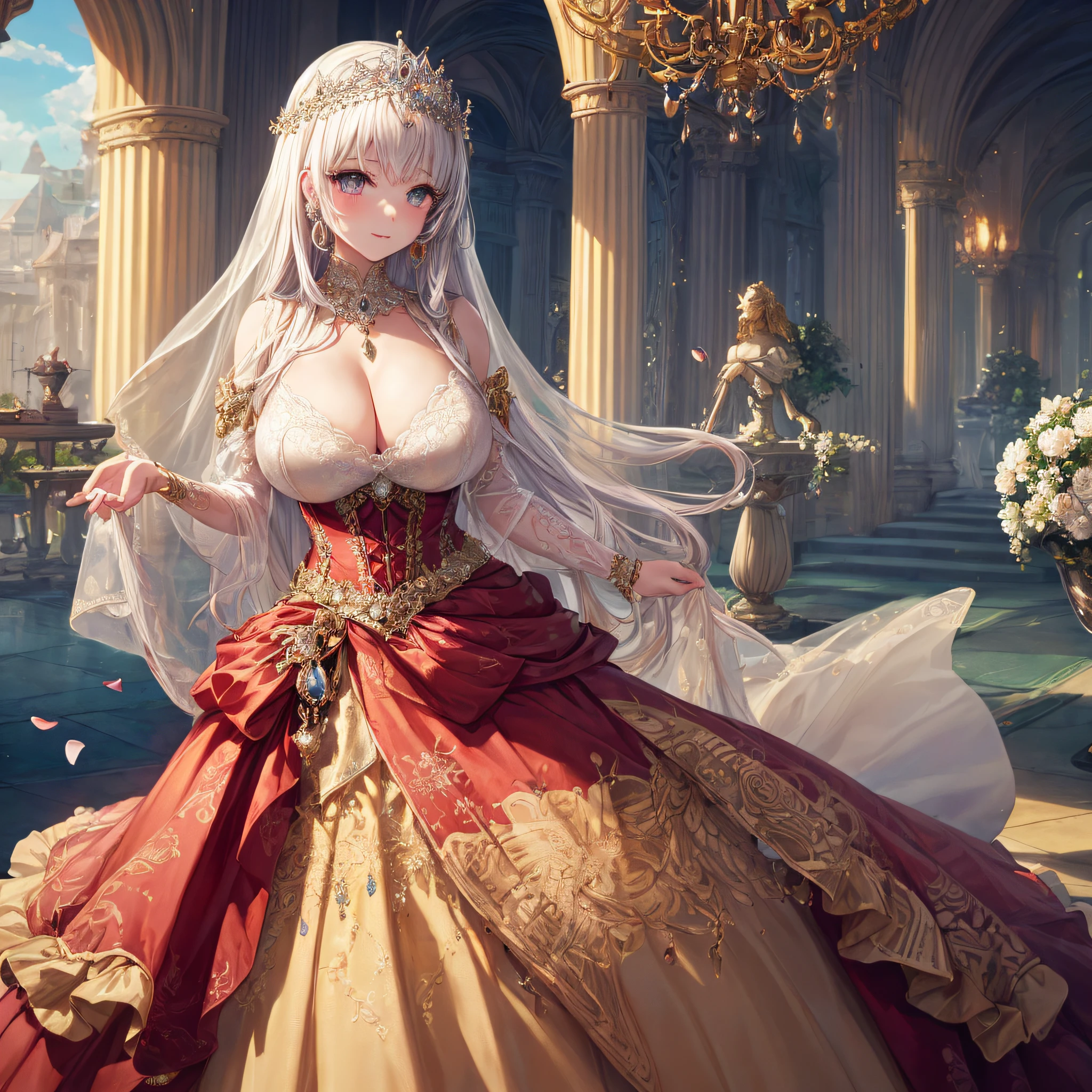 (masterpiece, best quality,extremely detailed,moe anime art style:1.1),1girl, (solo), cute, kawaii,digital art,((1 bling-bling anime princess wearing beautiful embroidery and jeweled gorgeous princess ballgown with voluminous full length hoop skirt)),((crinoline)),long train,voluminous frills,(gorgeous embroidery and beautiful lace),(very gigantic boobs,cleavage,skindentation),((shiny hair,absurdly straight long hair)),((finely detailed face and eyes)),clear pupil,extremely gorgeousfull hair ornament,(bling-bling jeweled extremely gorgeousfull tiara),((bling-bling gorgeous gemstone jewelry)),long veil,((beautiful background,fantasy)),flowers,flower petals flowing,full body,(looking away),((beautiful embroidery and jeweled gorgeous princess ballgown with voluminous full length hoop skirt))