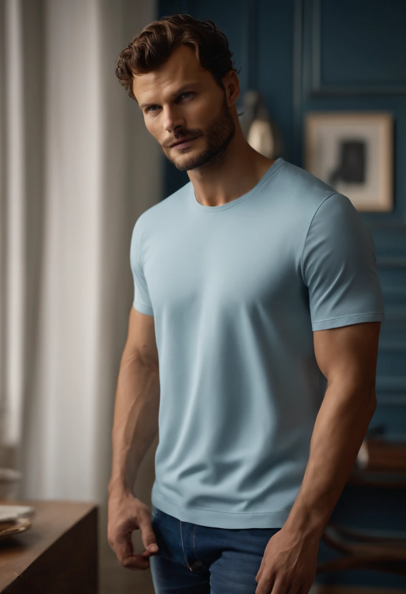 (Mann mit stylischen Outfit), ), (Vollbart tragen,) Attractive and serious appearance, dunkelbraune Haare, Stilvoll und elegant, and strong body t-shirt, Man similar to actor Jamie Dornan, (High quality and realistic image), in the background Scandinavian apartment with designer furniture and with blue wall paint in the background, ((best quality, 8K, Meisterwerk).