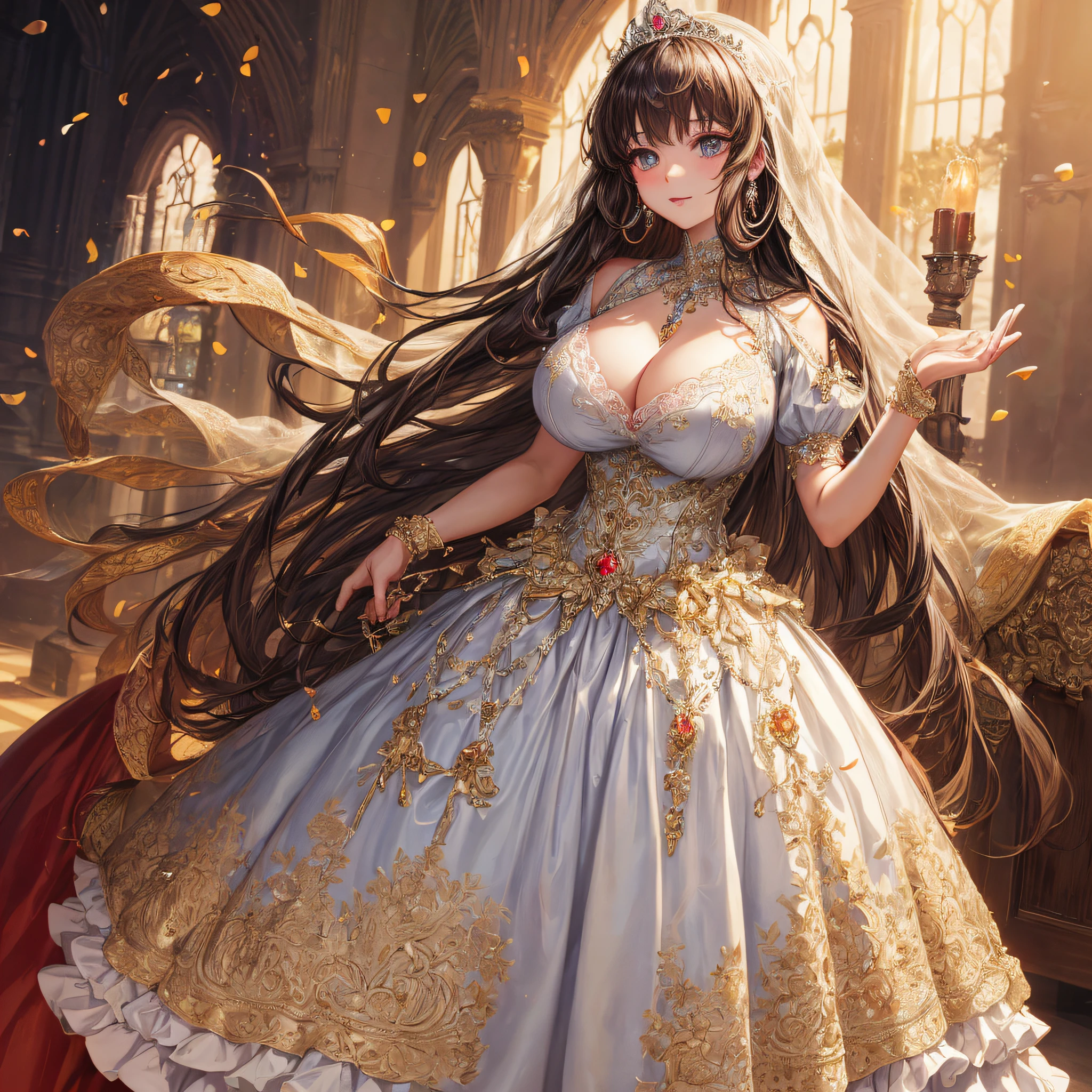 (masterpiece, best quality,extremely detailed,moe anime art style:1.1),1girl, (solo), cute, kawaii,digital art,((1 bling-bling anime princess wearing beautiful embroidery and jeweled gorgeous princess ballgown with voluminous full length hoop skirt)),((crinoline)),long train,voluminous frills,(gorgeous embroidery and beautiful lace),(very gigantic boobs,cleavage,skindentation),((shiny hair,absurdly straight long hair)),((finely detailed face and eyes)),clear pupil,extremely gorgeousfull hair ornament,(bling-bling jeweled extremely gorgeousfull tiara),((bling-bling gorgeous gemstone jewelry)),long veil,((beautiful background,fantasy)),flowers,flower petals flowing,full body,(looking away),((beautiful embroidery and jeweled gorgeous princess ballgown with voluminous full length hoop skirt))