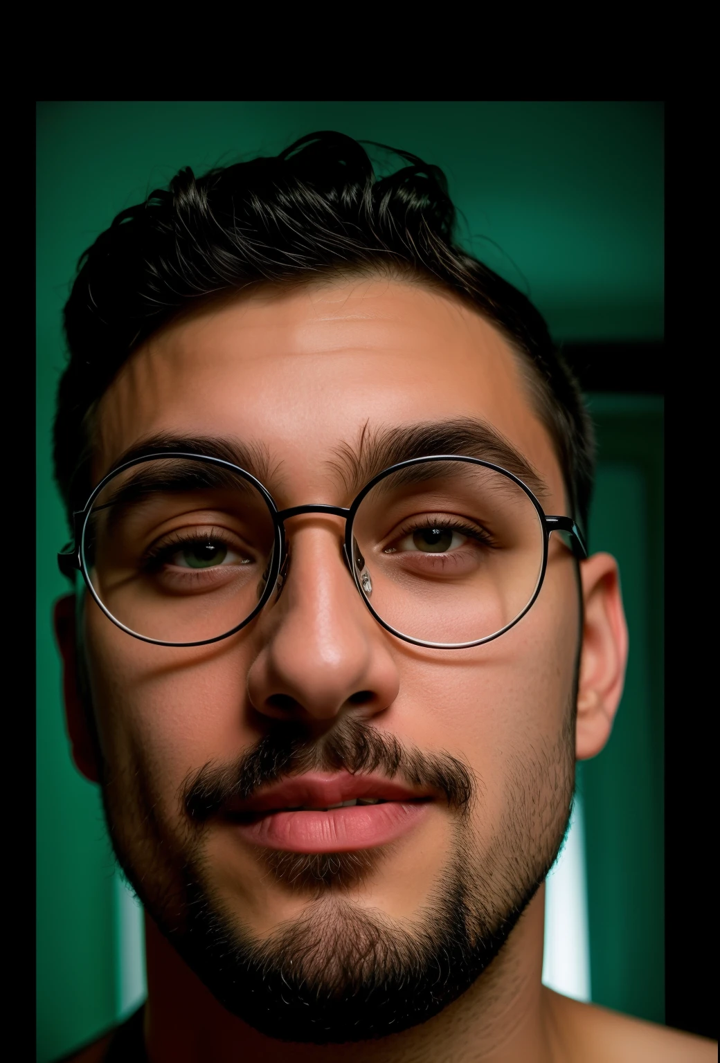 a close up of a man with glasses and a beard, imagem frontal, foto de perfil headshot, wearing small round glasses, wearing thin large round glasses, Unibrow, Streamer do Twitch / Jogador Ludwig, man with glasses, foto de perfil profissional, Fotografia selfie 8k, jewish young man with glasses, halfbody headshot, wearing black frame glasses, wearing round glasses, Msxotto,Retrato do Coringa , Gotham , Ordinance