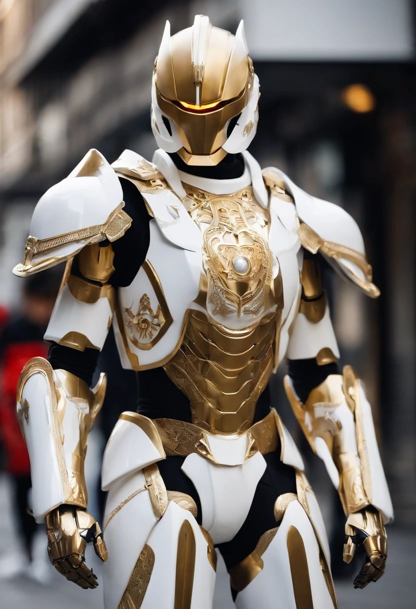 The Arafeld robot holds a sword on a city street, heavy white and golden armor, porcelain cyborg armor, Intricate white and gold armor, the golden cat armor knight, glossy white armor, white metal neocubism armor, kitsune inspired armor, cyber japan style armor, sleek white armor, Intricate white armor, in white futuristic armor, cyber japan samurai armor，Add screw details，Glowing eyes，Abdominal wires，skeleton