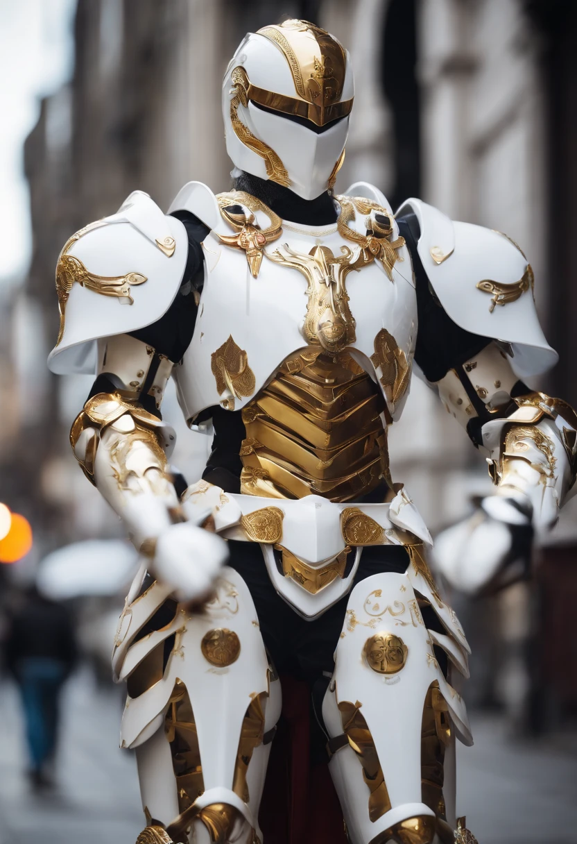 The Arafeld robot holds a sword on a city street, heavy white and golden armor, porcelain cyborg armor, Intricate white and gold armor, the golden cat armor knight, glossy white armor, white metal neocubism armor, kitsune inspired armor, cyber japan style armor, sleek white armor, Intricate white armor, in white futuristic armor, cyber japan samurai armor,Add screw details,Glowing eyes,Abdominal wires,skeleton