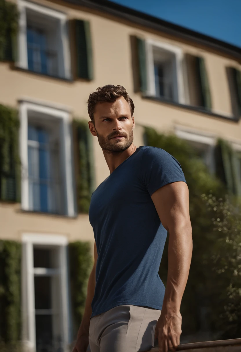 (Mann mit stylischen Outfit), ), (Vollbart tragen,) (blaue Augen) Attractive and serious appearance, dunkelbraune Haare, Stilvoll und elegant, and strong body t-shirt, Man similar to actor Jamie Dornan, (High quality and realistic image), in the background Scandinavian apartment with designer furniture and with blue wall paint in the background, ((best quality, 8K, Meisterwerk).