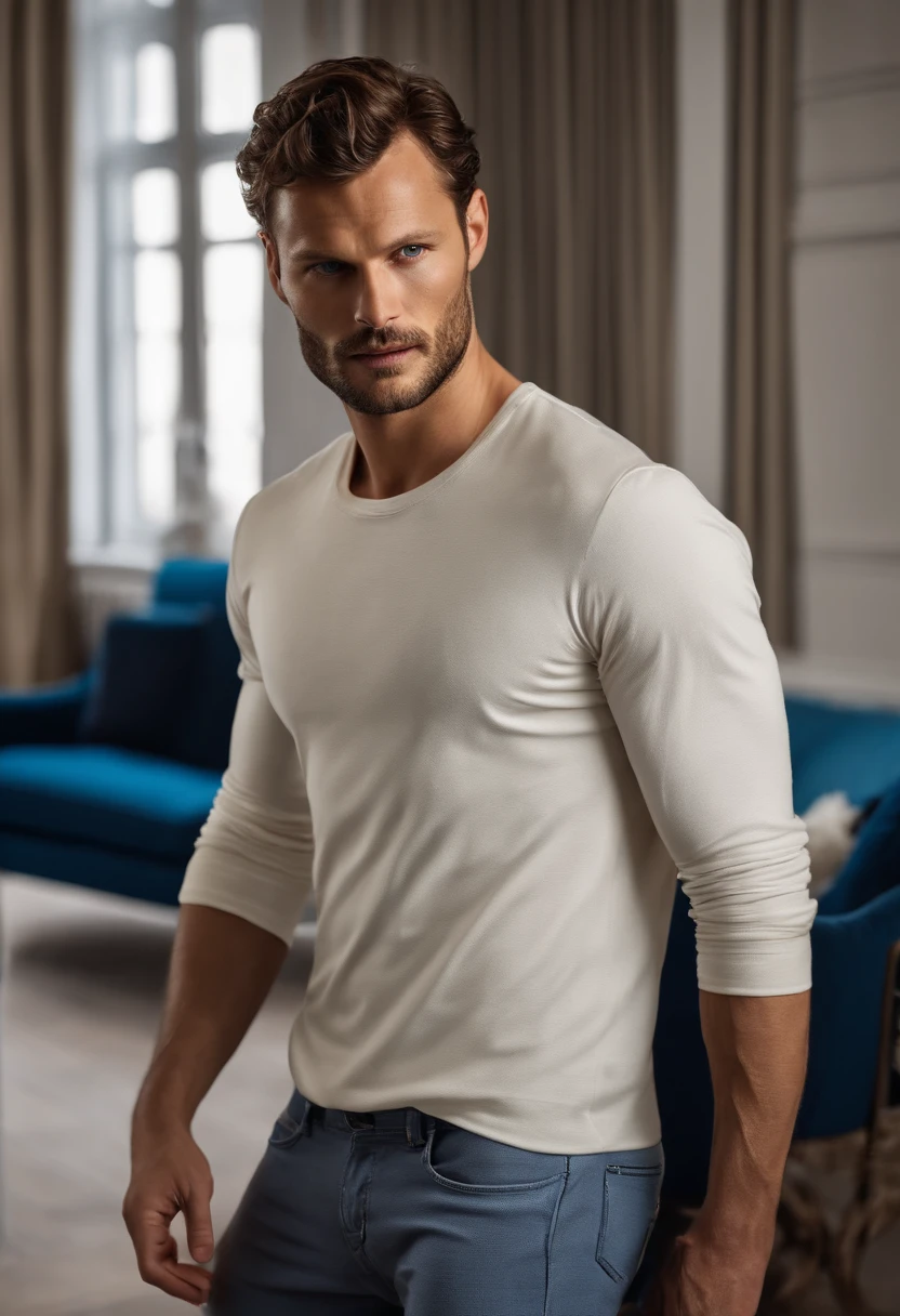(Mann mit stylischen Outfit), ), (Vollbart tragen,) (blaue Augen) Attractive and serious appearance, dunkelbraune Haare, Stilvoll und elegant, and strong body t-shirt, Man similar to actor Jamie Dornan, (High quality and realistic image), in the background Scandinavian apartment with designer furniture and with blue wall paint in the background, ((best quality, 8K, Meisterwerk).