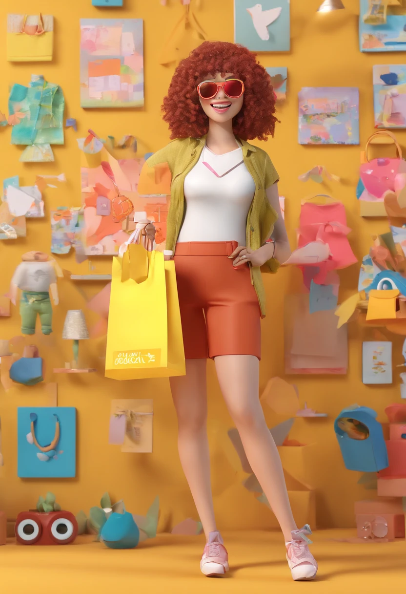 altamente detalhado, alta qualidade, master part, 1 mulher, andando pela rua de mini saia, shopping bag in both hands, happy expression, red hairs, tied in a messy bun, (desgaste casual: 1.1), camiseta branca, Saia Curta, salto alto, maquiagem leve, (colar de prata: 1.2), sunglasses on head, Segurando flores, Pessoas e vitrine em segundo plano, ao ar livre, dia ensolarado, um pato amarelo no chao.