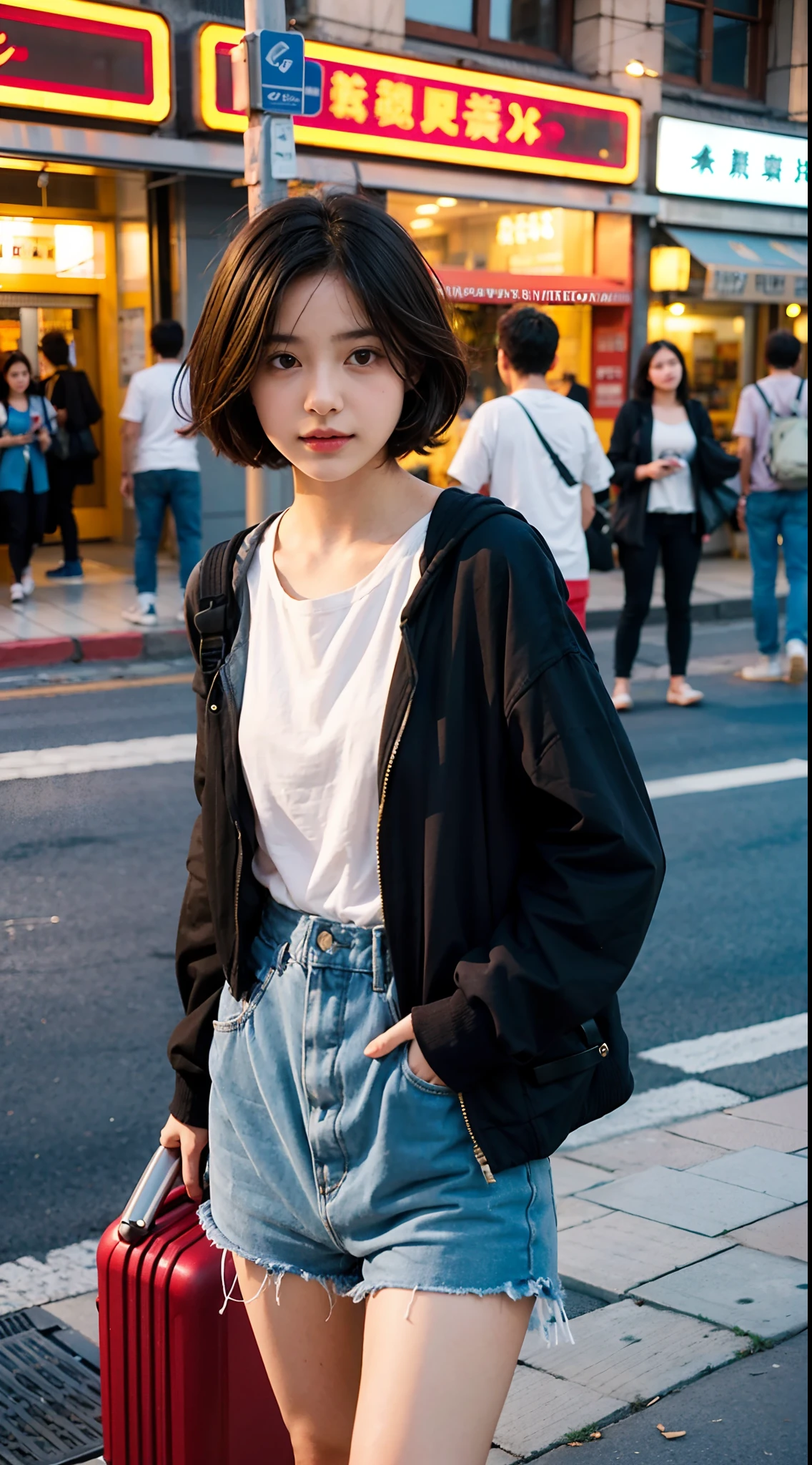 teens girl，photographers，gentle and cute，short detailed hair，（Hold a book），（Carry-on baggage），the city street，Casual wear，