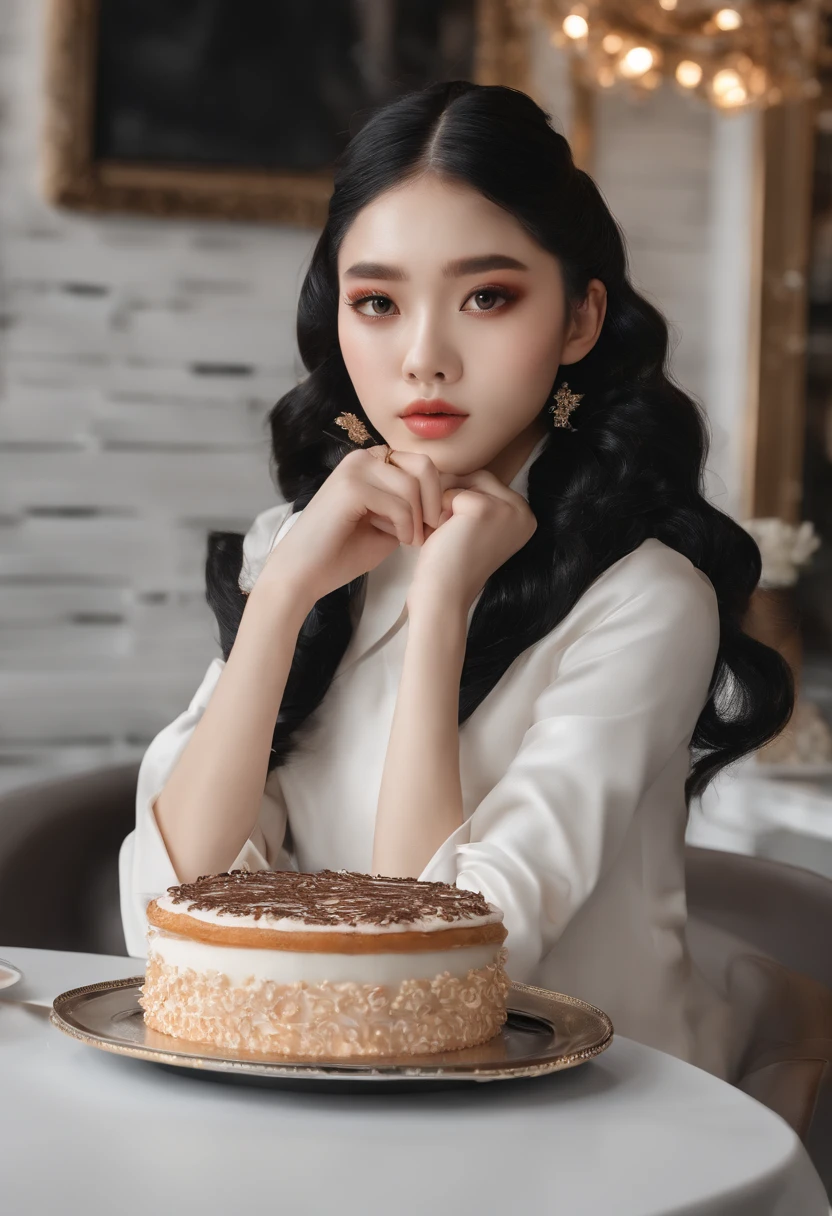 promotional shot, The place is a coffee shop, 1 girl, 16 year old face, The waitress brought the cake to the table, Black hair with double ponytail, Gentle face, chanel outfit, Clothes dominated by white accentuate clothing details