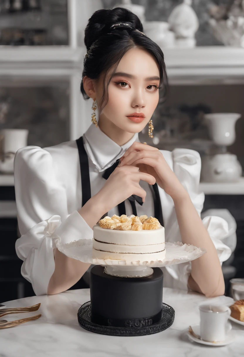 promotional shot, The place is a coffee shop, 1 girl,  face, The waitress brought the cake to the table, Black hair with double ponytail, Gentle face, chanel outfit, Clothes dominated by white accentuate clothing details