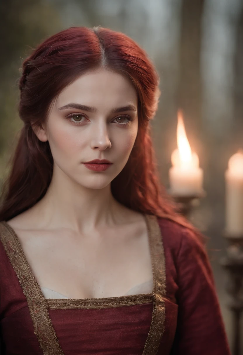 (((A deep red wound streaked across her left cheek))) Fair complexion, A woman around 19 years old, Natural gray hair, Unique green eyes, Wear Cole, Slender and graceful, Beautiful, Candlelight in a medieval setting, super sharp focus, realistic lens, Medieval women's clothing, Four colors (Scar:1.4)