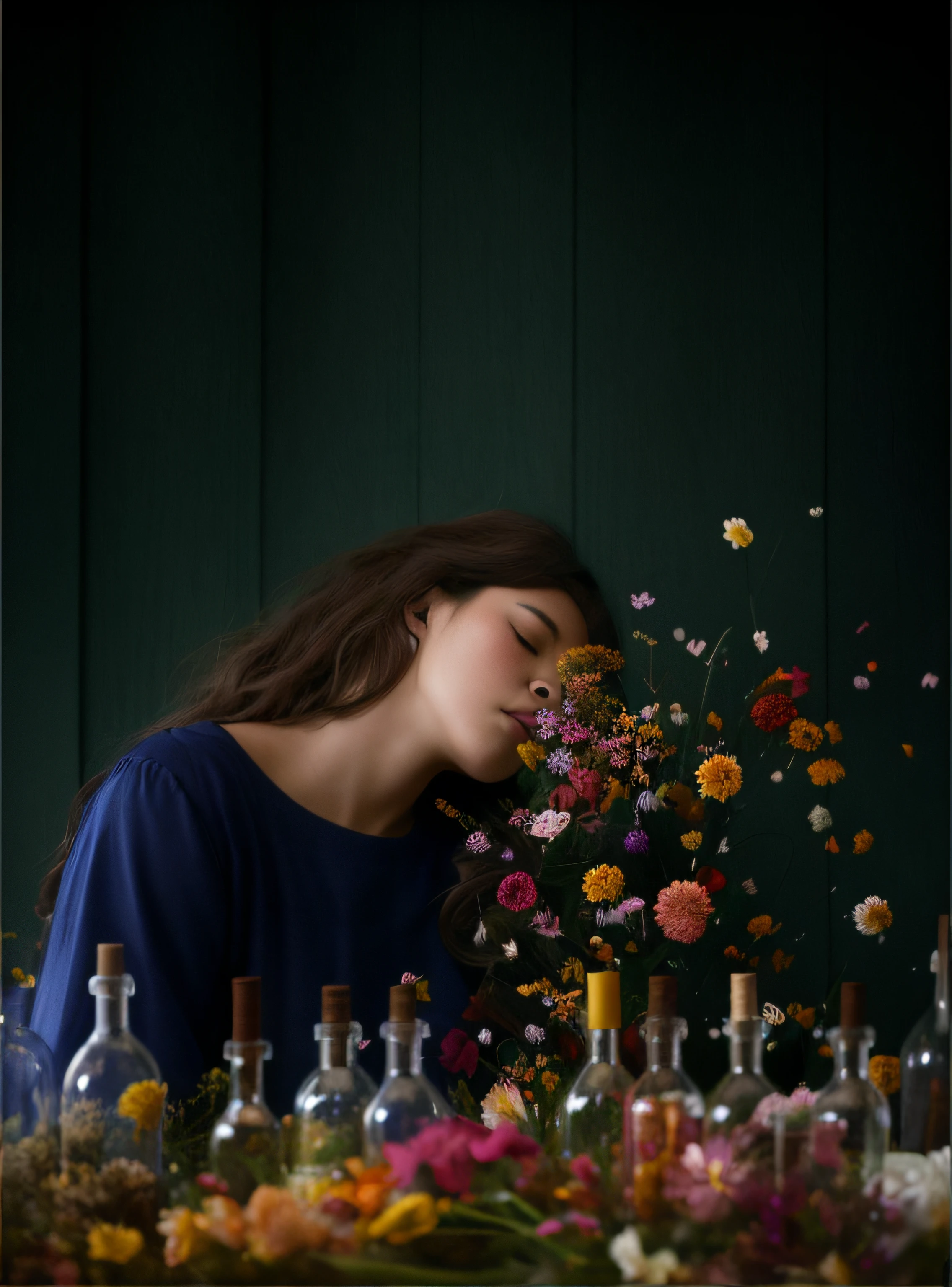 There was a woman sitting at a table,Lots of bottles and flowers on the table, flower storm portrait, woman in flowers,Asian woman,Fair skin,Chinese woman,korean woman, the girl made out of flowers, female portrait with flowers, girl in a bed of flowers, made of dried flowers, flowers exploding and spraying, Girl in flowers, made of flowers, made of colorful dried flowers, floating in perfume, made of wildflowers,rosette,chrysanthemums
