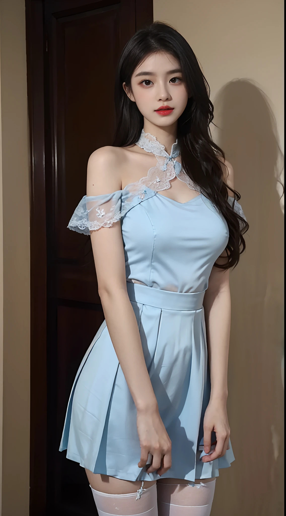 A perfect young female white-collar worker,Chinese big breasts,High picture quality,Works of masters,Black hair,Long hair shawl,Long hair flowing over the shoulders,Beach wave hairstyle,cropped shoulders,鎖骨,exquisite face,Hydrated red lips,((Wear colorful and stylish summer sailor suits))(red colour,blue colors,green color,Violet-orange,In pink,amarelo,Printed clothing),Kurfo,,Colorful pleated skirt,Shadow lace skirt,Sparkling gemstone dress,Lightning astral dress,Crystal elements,Embroidery pattern elements,Fringed skirt,snowflake dress,Moonlight skirt,Butterfly fairy dress,Drizzle dress,lumnious,white stockings,Lace material,Silk clothing,Real Human,(White interior wall background:1.5),CG rendering,16k,Stand up,Empty interior,Do not show your hands,Close-up shot