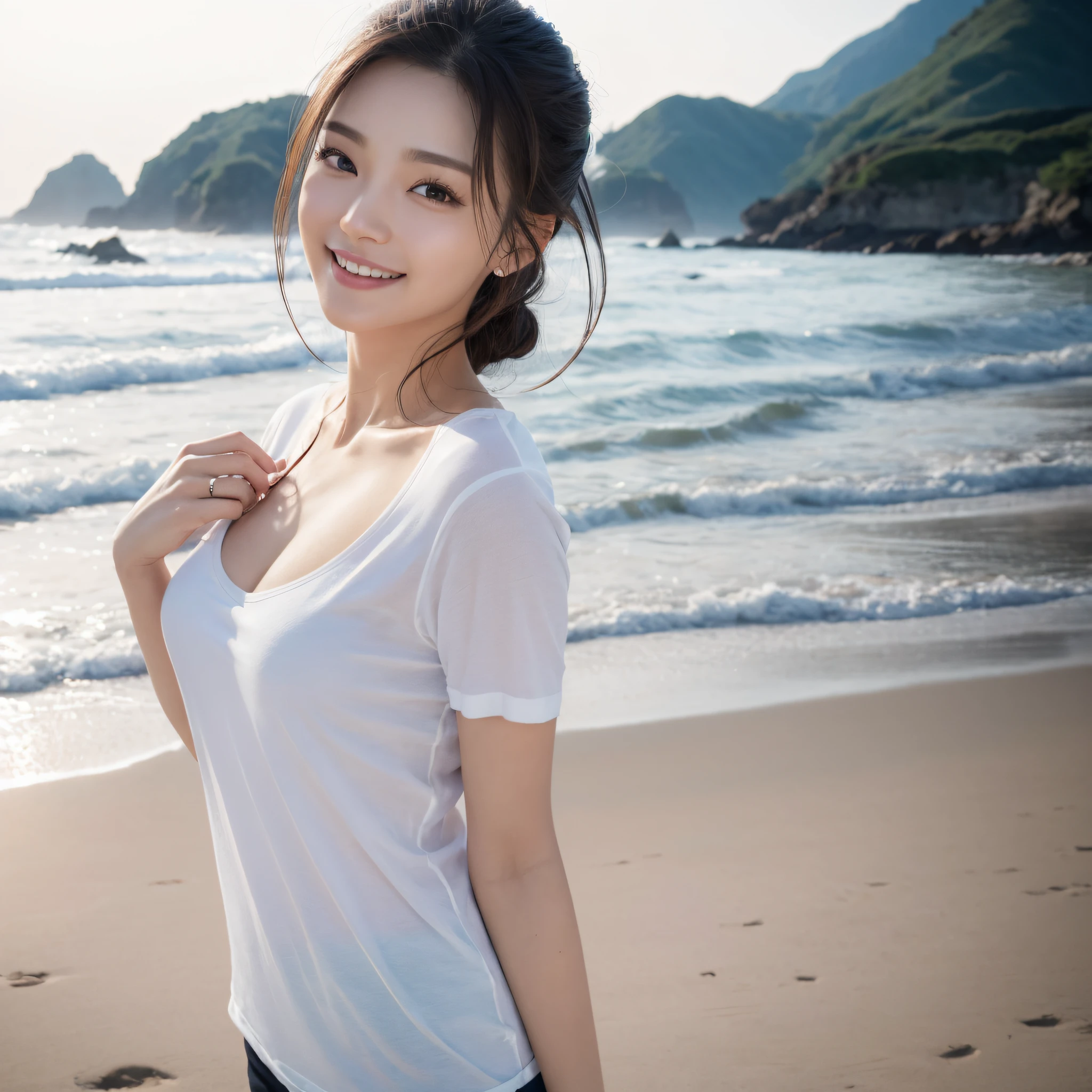 One lady、((best qualtiy、8k masterpieces:1.3))、foco nítido:1.2、(ultra beautiful faces:1.0)、(shinny skin:1.0)、photos realistic、A dark-haired、Video Lighting、High-definition eyes and face、Video Lighting、(Korean Cute Actress)、from the front side、medium breasts、Smile、Slender Abs Beauty、Whole body、wearing t-shirts、On the beach in the morning