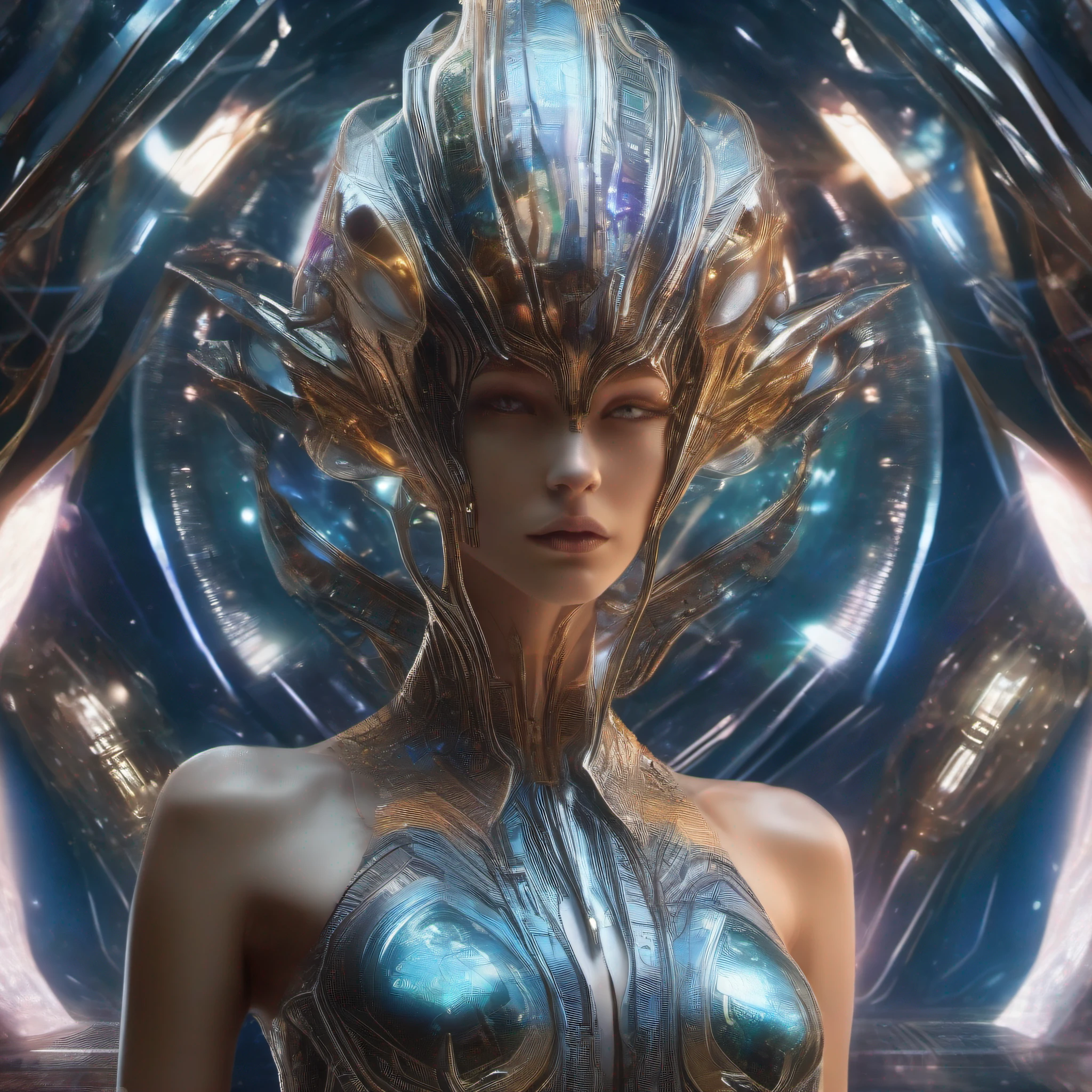 Futuristic aliens from another dimension,the creator of the universe,Powerful psionic energy from unknown dimensions,femele,half-body photo,