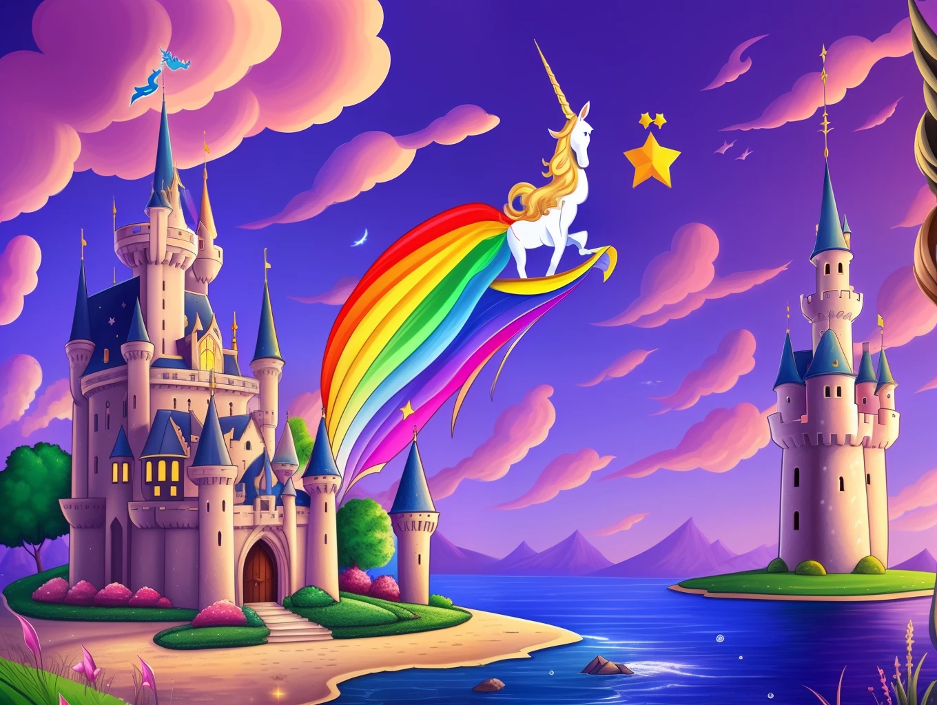 fairytale image,cartoon style,with castle, little princes,unicorn,mermaid,dragon,8k,ultra hd image ,full vivid colorful image, --auto --s2