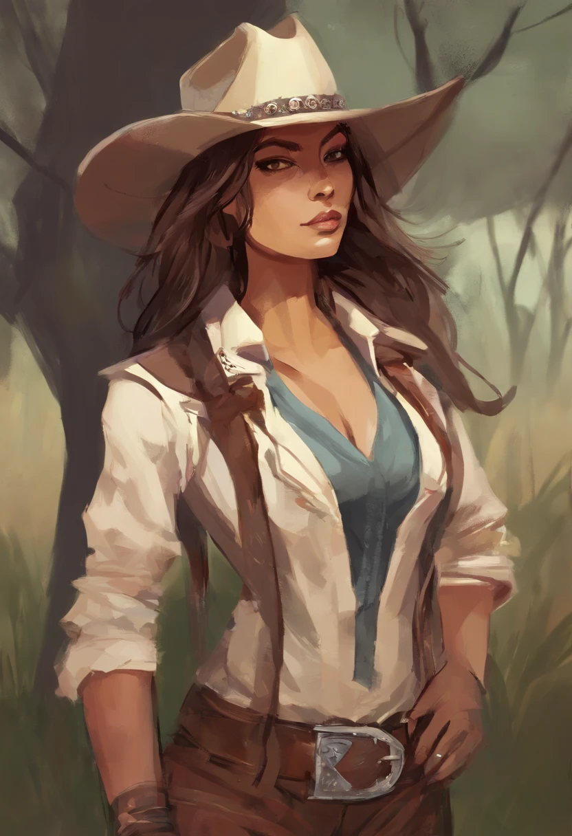 Retrato de mulheres bonitas na fazenda lamacenta:1.2 , cowboy hat, colete com franjas , Trousers, echarpe , confidence , Middle breast,