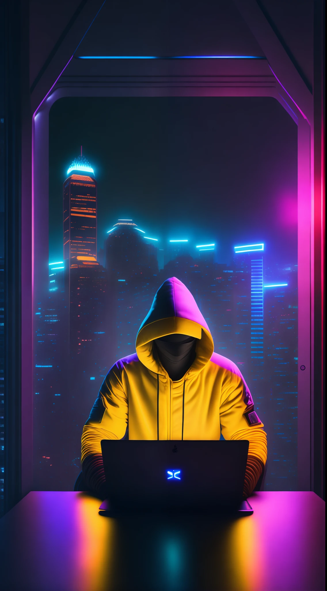 a stylish gamer sits behind his laptop in his studio during the night. He's wearing a yellow-colored hoodie with the hood covering his head and black glasses. The studio is lit by the soft glow of the neon theme, The gamer is looking straight into the camera, his face illuminated, showing determination and focus like shooting an ID photo. The studio's decor is cyber punk, Hi tech style and neon theme, with a nighttime cityscape of Hong Kong through a window on the background. The overall ambiance of the image should convey a sense of dedication, creativity, and connection to AI technology.
