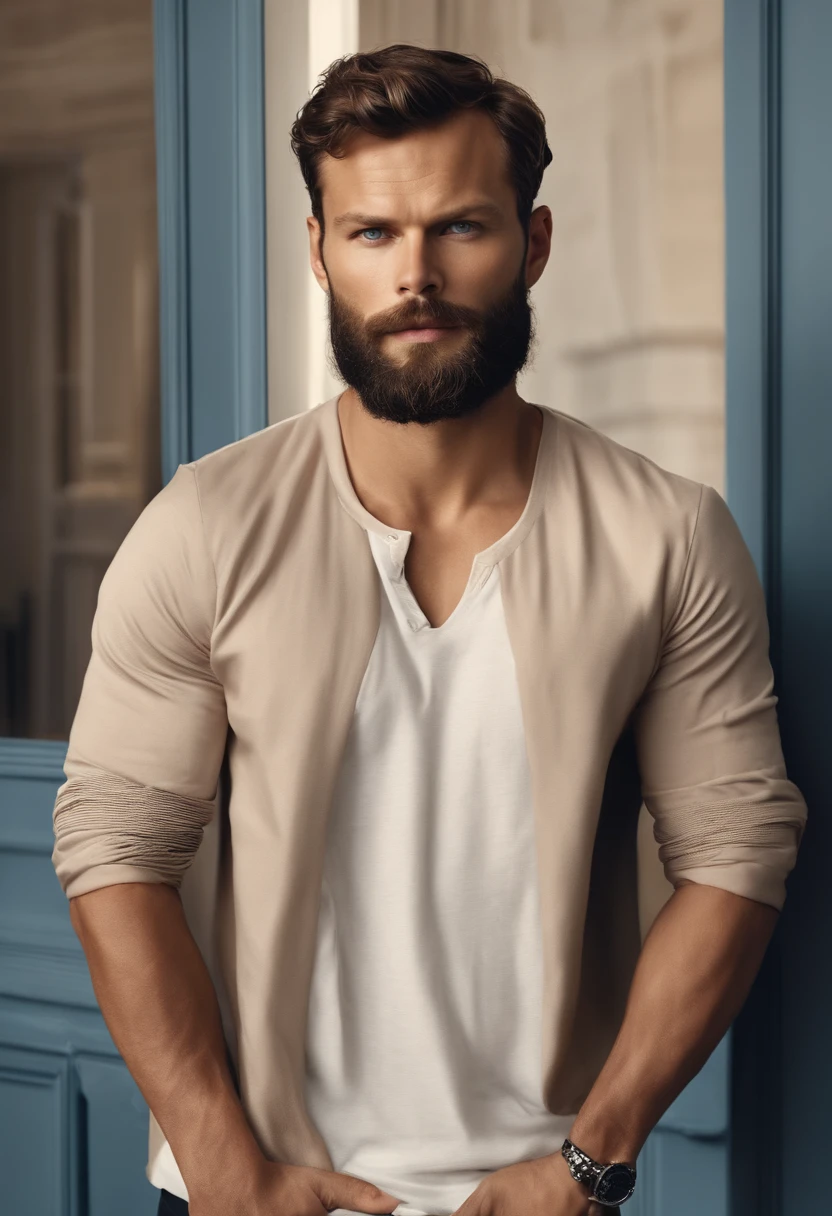 (Man with stylish outfit), ), (wearing long full beard,) (blue eyes) (Portrait) Attractive and serious look, dark brown hair, Stylish and elegant, and strong body t-shirt, man similar to actor Jamie Dornan, (High quality and realistic image), in the background Scandinavian apartment with designer furniture and with blue wall color in the background, ((best quality, 8K, masterpiece).