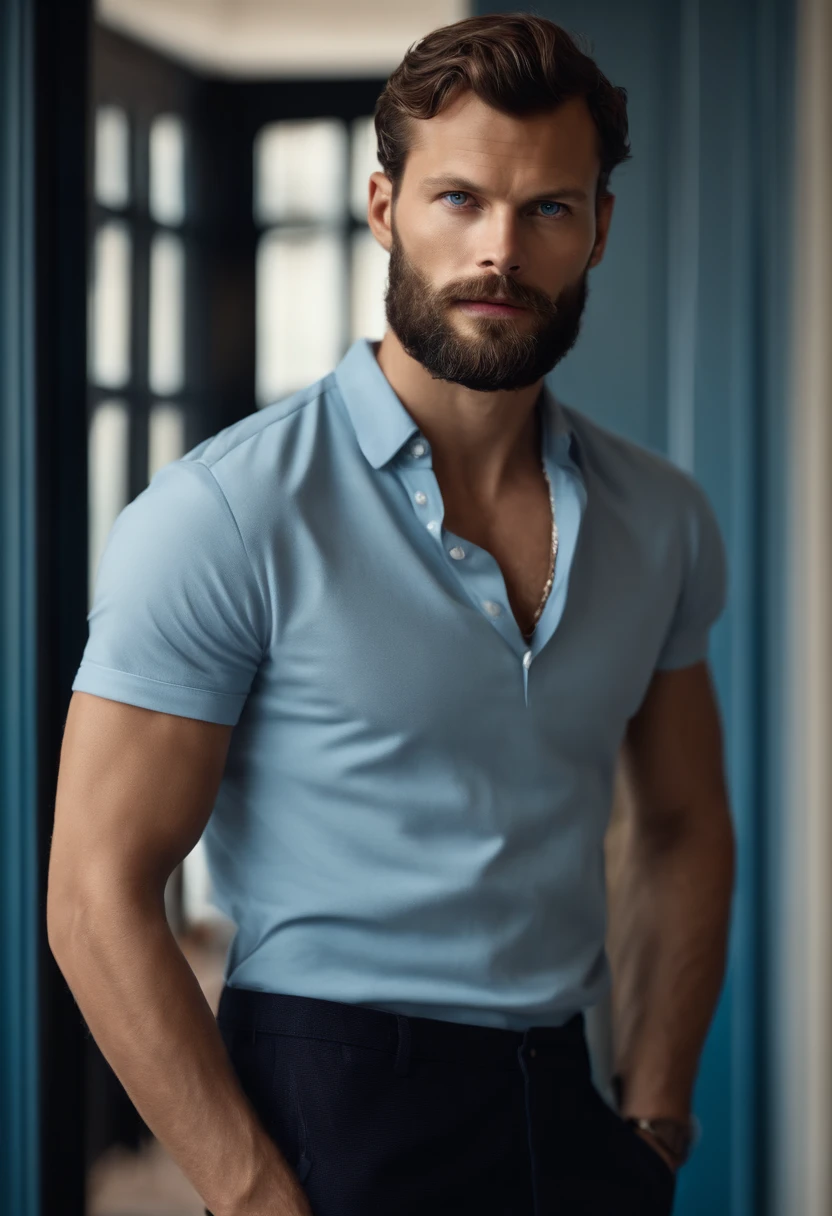(Man with stylish outfit), ), (wearing long full beard,) (blue eyes) (Portrait) Attractive and serious look, dark brown hair, Stylish and elegant, and strong body t-shirt, man similar to actor Jamie Dornan, (High quality and realistic image), in the background Scandinavian apartment with designer furniture and with blue wall color in the background, ((best quality, 8K, masterpiece).