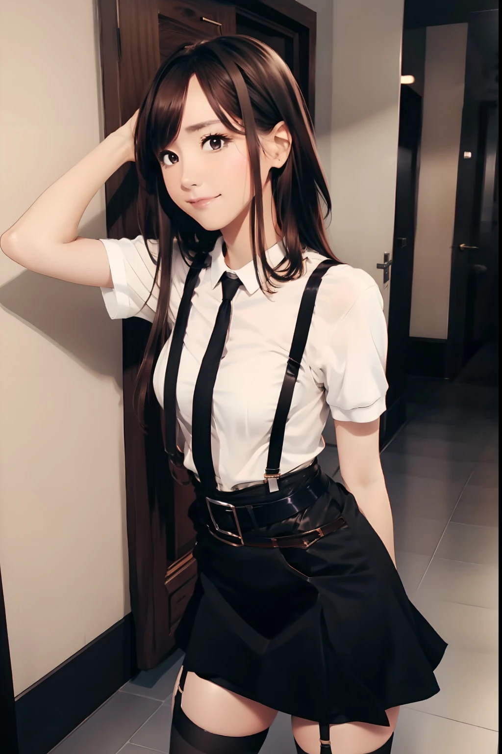 Black skirt, suspenders, Brown hair Gray eyes, Garter belt on the legs, Tight clothes, a belt Armpit sweat Tight look Moderate breasts