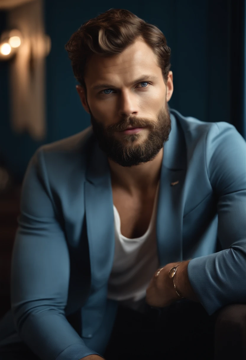 (Man with stylish outfit), ), (wearing long full beard,) (blue eyes) (Portrait) Attractive and serious look, dark brown hair, Stylish and elegant, and strong body t-shirt, man similar to actor Jamie Dornan, (High quality and realistic image), in the background Scandinavian apartment with designer furniture and with blue wall color in the background, ((best quality, 8K, masterpiece).
