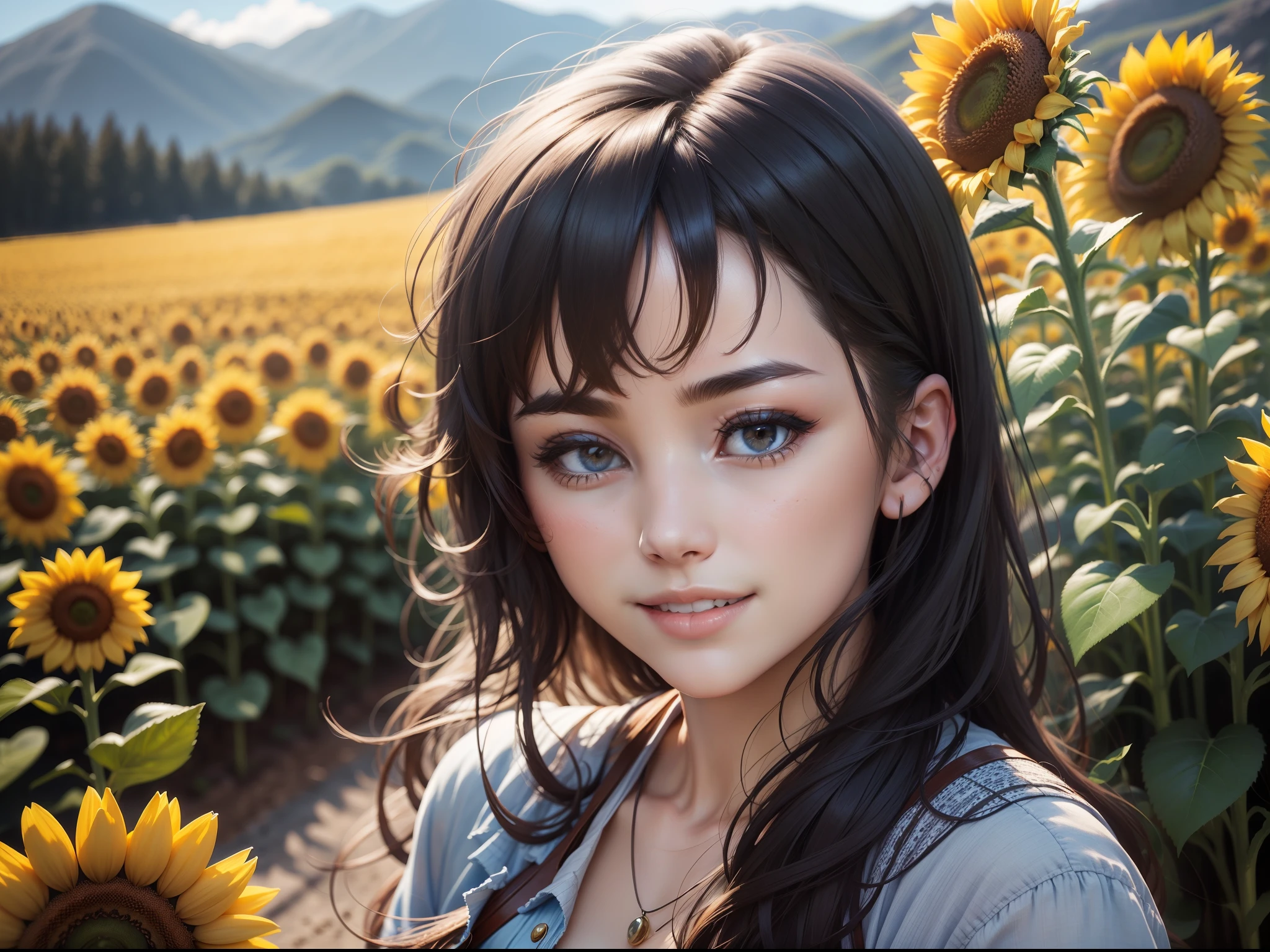Women are beautiful, Delicate facial features,Bust photo, Look at the camera and smile, Sunflower fields, Far Mountain, blue-sky