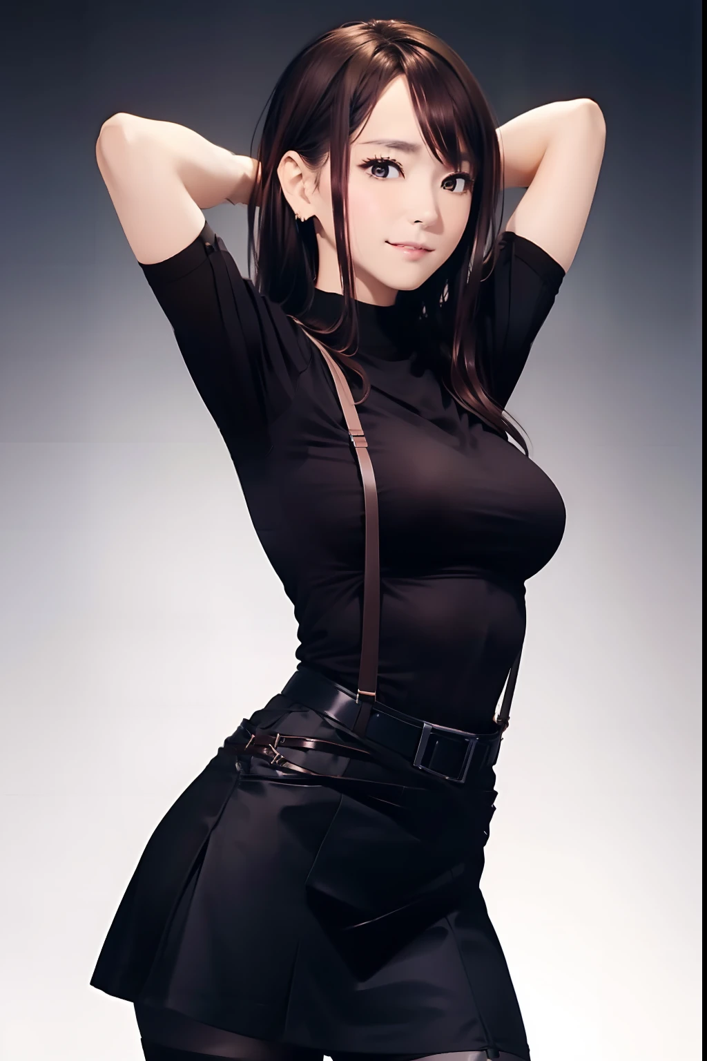 Black skirt, 　suspenders, Brown hair Gray eyes, Garter belt on the legs, Tight clothes, 　　 a belt　Armpit sweat　　Dark look　Moderate breasts