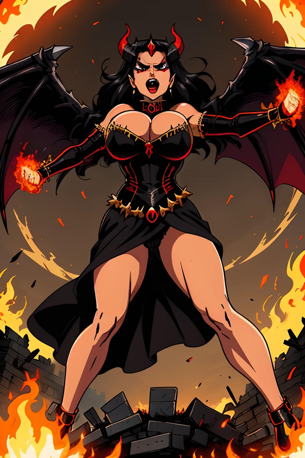 Ultra-detailed Lisa Ann stands atop a pile of burning ruins, Her diabolical and insidious presence radiating from her dark crown and black and red evil queen dress...... Her demon wings on her back and demon horn give her an invincible aura as she unleashes a powerful wave of destruction with a single gesture..........