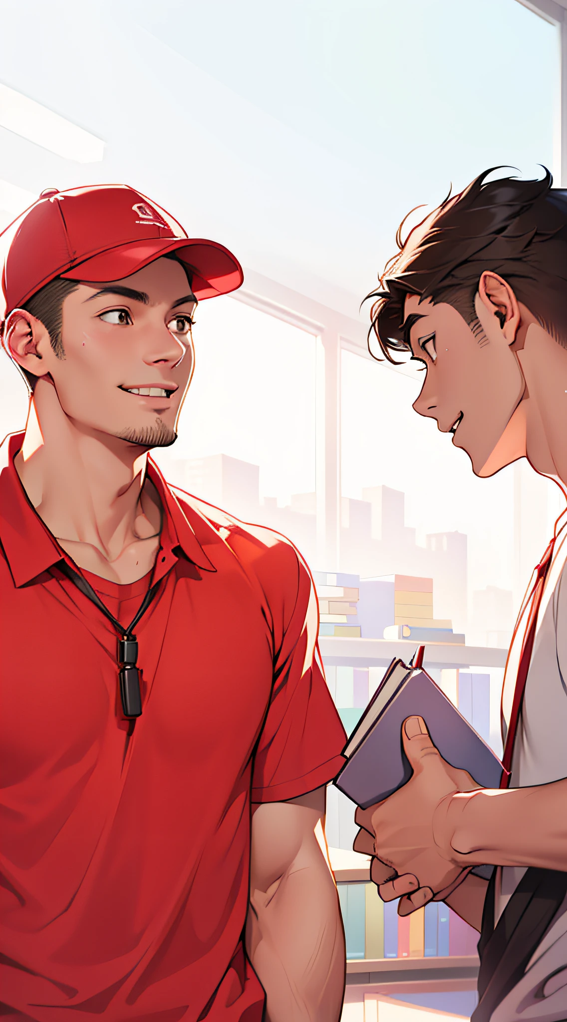 asian male,male people,mtu,(Teacher's Day, inside in room, libraryai, Red hat: 1.1, Red short-sleeved clothes: 1.1), Warm details, 1 engineer, Communicate with 1 teacher, The teacher holds a book, The light is gentle, The shelves are full of books, Calm atmosphere, The engineer smiled and had a cordial conversation with the teacher, The engineer wears a striking red hat, Wear neat red short-sleeved clothes, The books in the teacher's hands show that they are sharing knowledge and experience, There are detailed sketches and study notes in the notebook, The whole scene reveals respect and love for education and learning, ((Warm)),((educational))