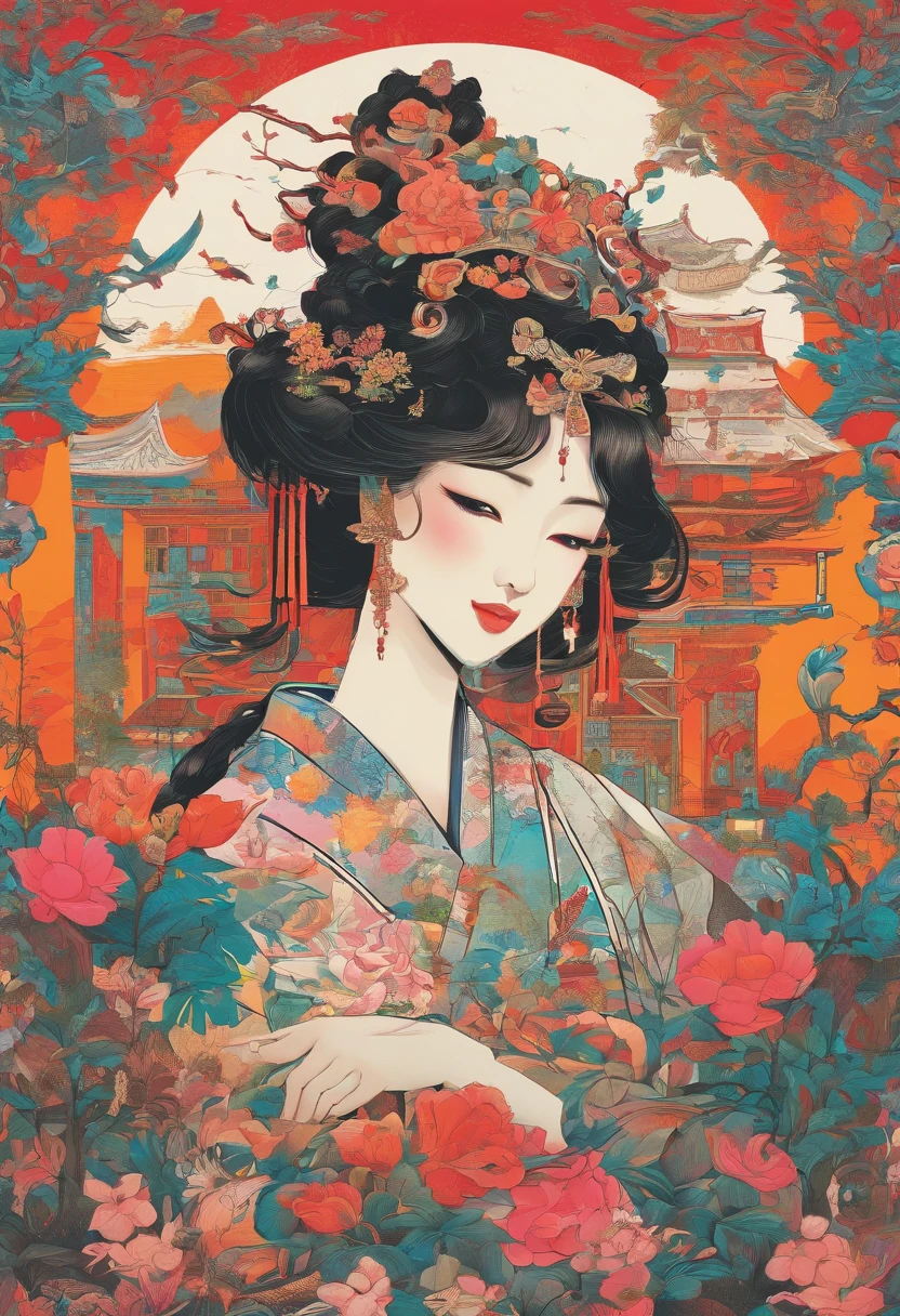Chinese beauty of the Song Dynasty,In front of her was a table,catss,(Computer on the desk:1.2),lots of plants,big window,large moon,high-class