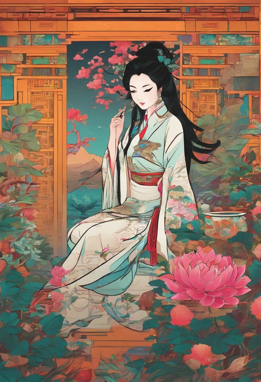 Chinese beauty of the Song Dynasty，In front of her was a table，catss，（Computer on the desk：1.2），lots of plants，big window，large moon，high-class