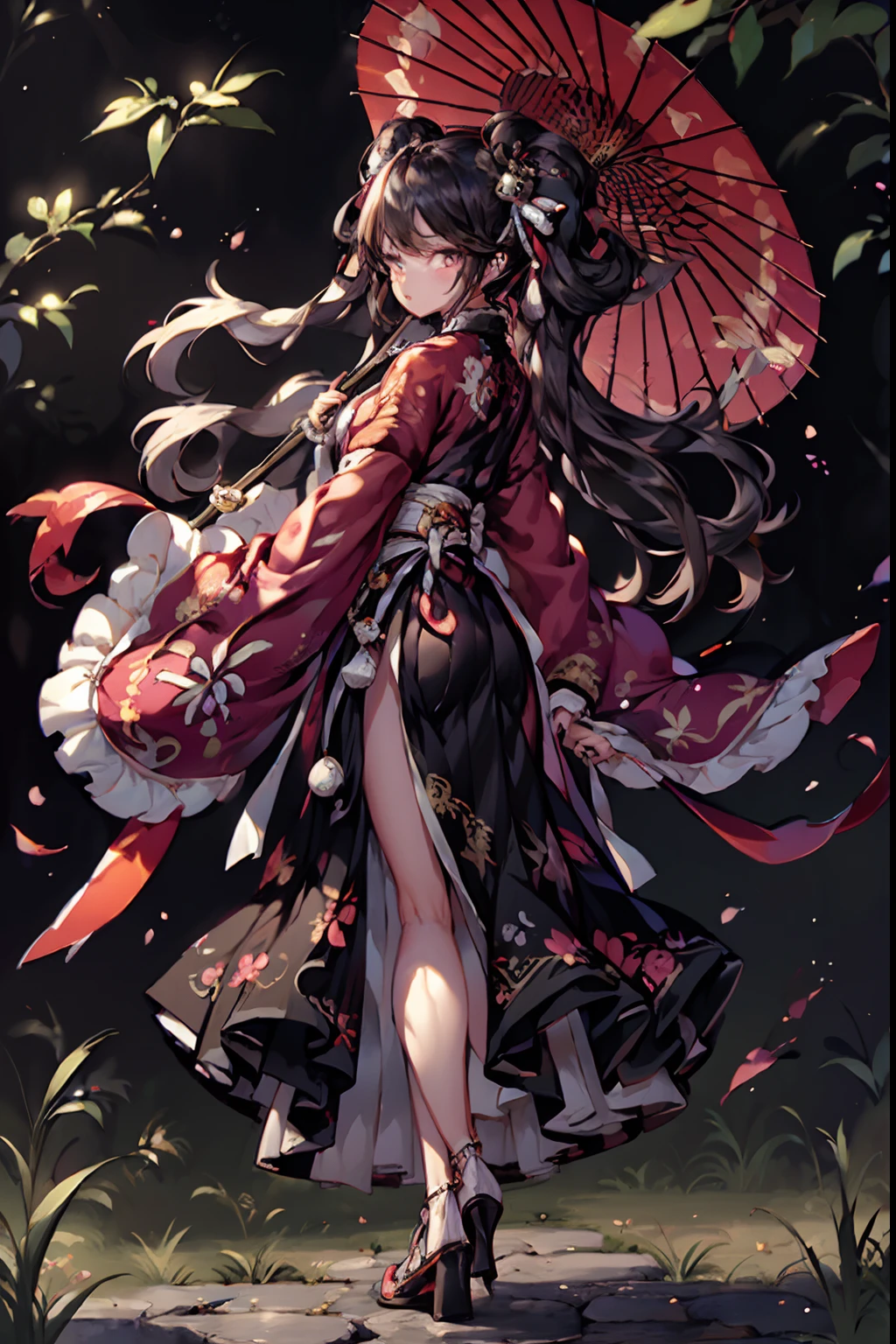 (Masterpiece:1.2),Best quality,white backgrounid,Bamboo leaves,(1Blittle girl:1.5,The upper part of the body,looking at viewert),Pink and white clothes,long skirt,facial closeups,big beatiful eyes,detailed face with,Flashy clothes,Wide_Sleeves,sash,flower,Ethereal panda,Dreamy,Onmyoji detailed art,A beautiful artwork illustration,Beautiful digital artwork,shoes,Footwear,China_dress,oil-paper_Umbrella