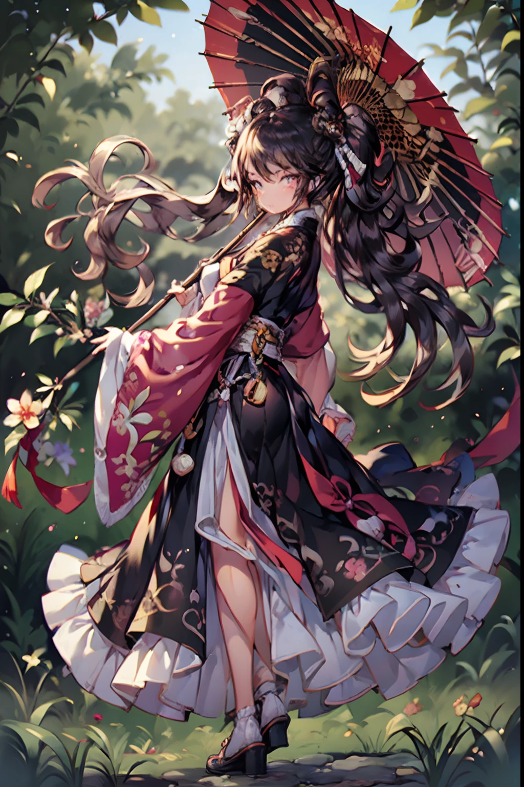 (Masterpiece:1.2),Best quality,white backgrounid,Bamboo leaves,(1Blittle girl:1.5,The upper part of the body,looking at viewert),Pink and white clothes,long skirt,facial closeups,big beatiful eyes,detailed face with,Flashy clothes,Wide_Sleeves,sash,flower,Ethereal panda,Dreamy,Onmyoji detailed art,A beautiful artwork illustration,Beautiful digital artwork,shoes,Footwear,China_dress,oil-paper_Umbrella