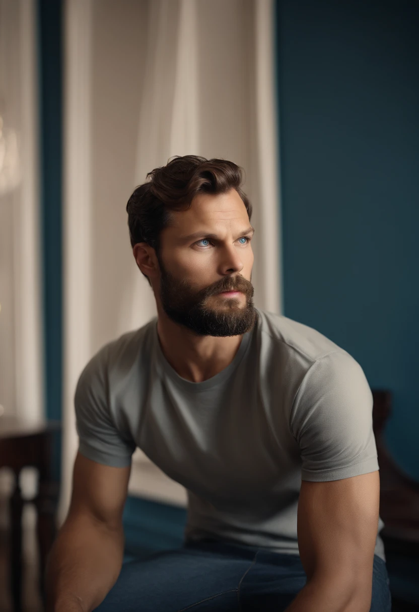 (Man with stylish outfit), ), (wearing long full beard,) (blue eyes) (Portrait) Attractive and serious look, dark brown hair, Stylish and elegant, and strong body t-shirt, man similar to actor Jamie Dornan, (High quality and realistic image), in the background Scandinavian apartment with designer furniture and with blue wall color in the background, ((best quality, 8K, masterpiece). (extremely realistic)