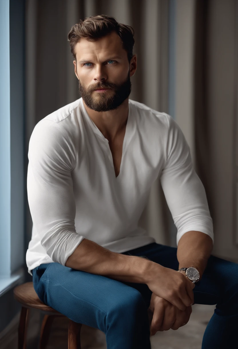 (Man with stylish outfit), ), (wearing long full beard,) (blue eyes) (Portrait) Attractive and serious look, dark brown hair, Stylish and elegant, and strong body t-shirt, man similar to actor Jamie Dornan, (High quality and realistic image), in the background Scandinavian apartment with designer furniture and with blue wall color in the background, ((best quality, 8K, masterpiece). (extremely realistic)
