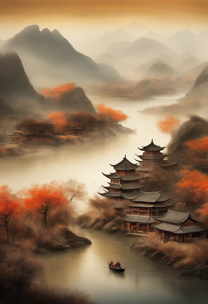 Scenery of the Yangtze River Delta region,Traditional chinese painting、water ink、Brown tones、landscape、ancient wind