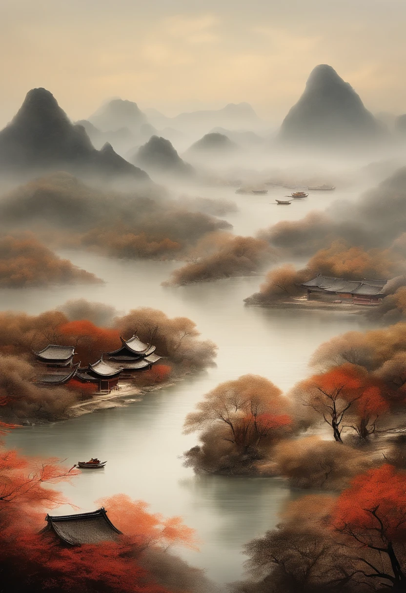 Scenery of the Yangtze River Delta region，Traditional chinese painting、water ink、Brown tones、landscape、ancient wind