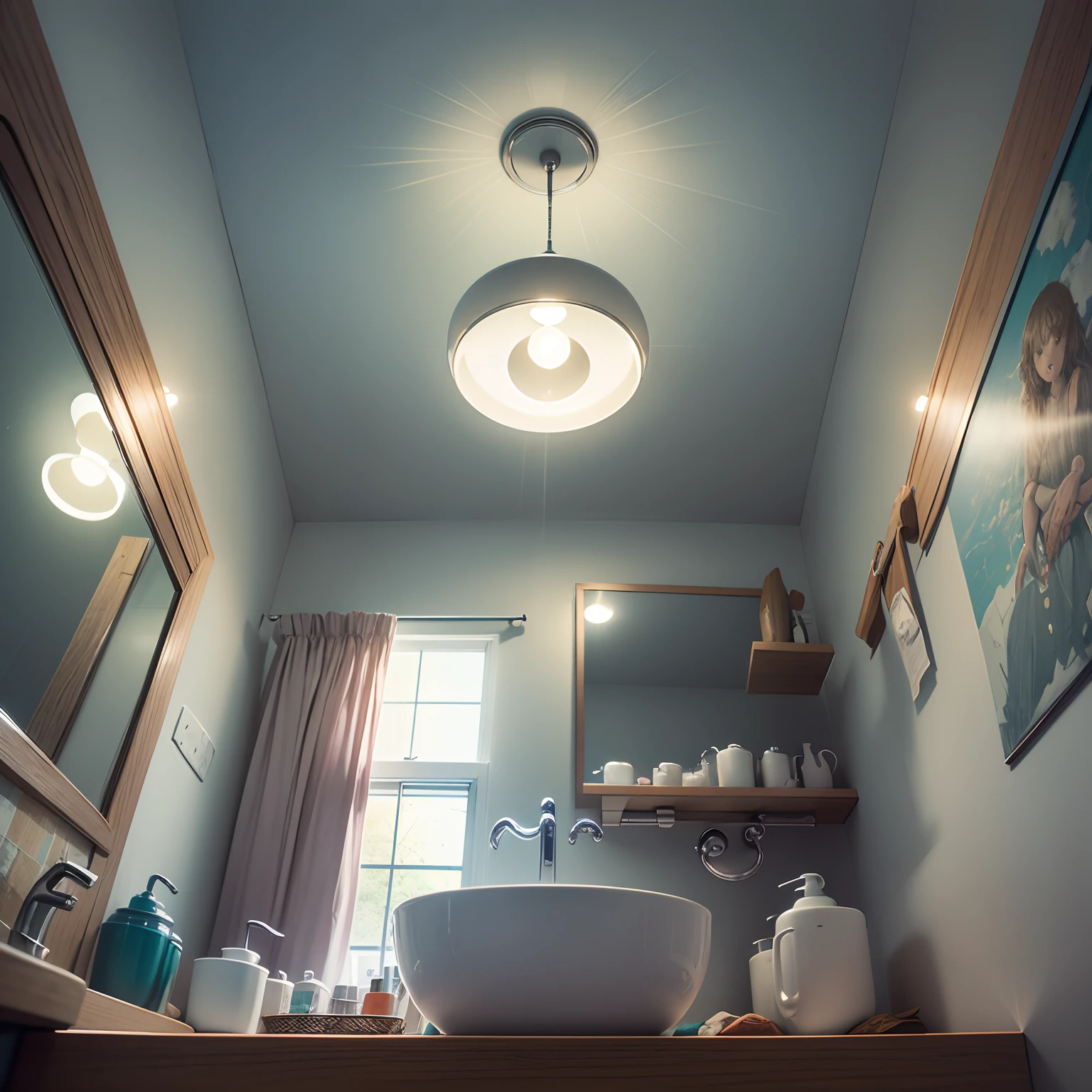 (​masterpiece), (The best illustrations), (No humans), anime backgrounds, Washstand, Washbasin in front of you, Close to the camera floor,Looking up at the ceiling from below , More low angle , More low angle , natta , Ceiling Lights, Washbasin in the apartment, ighly detailed (​masterpiece),, (ultra-detailliert), (The best illustrations), (Best Shadows),Perfect litthing, perfect anatomia, vivd colour,